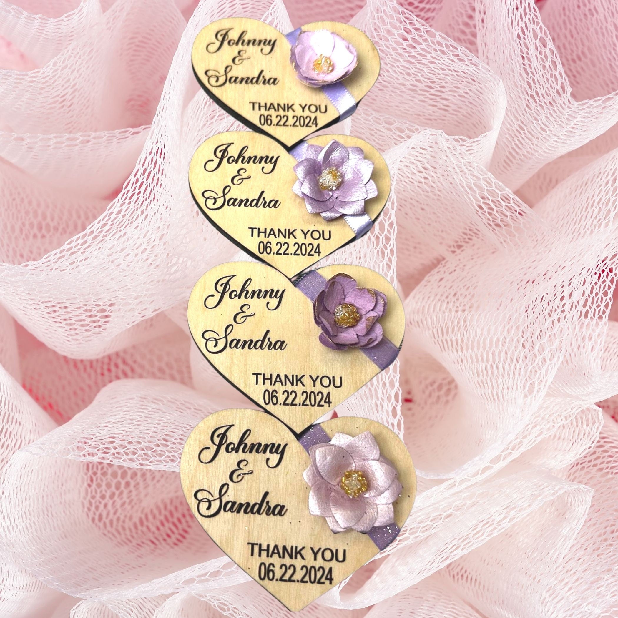 Set of 4 Personalized Hearts Wedding favors.  Bridal Shower lavender lilac purple shades favors. Wood engraved flower and ribbon favors