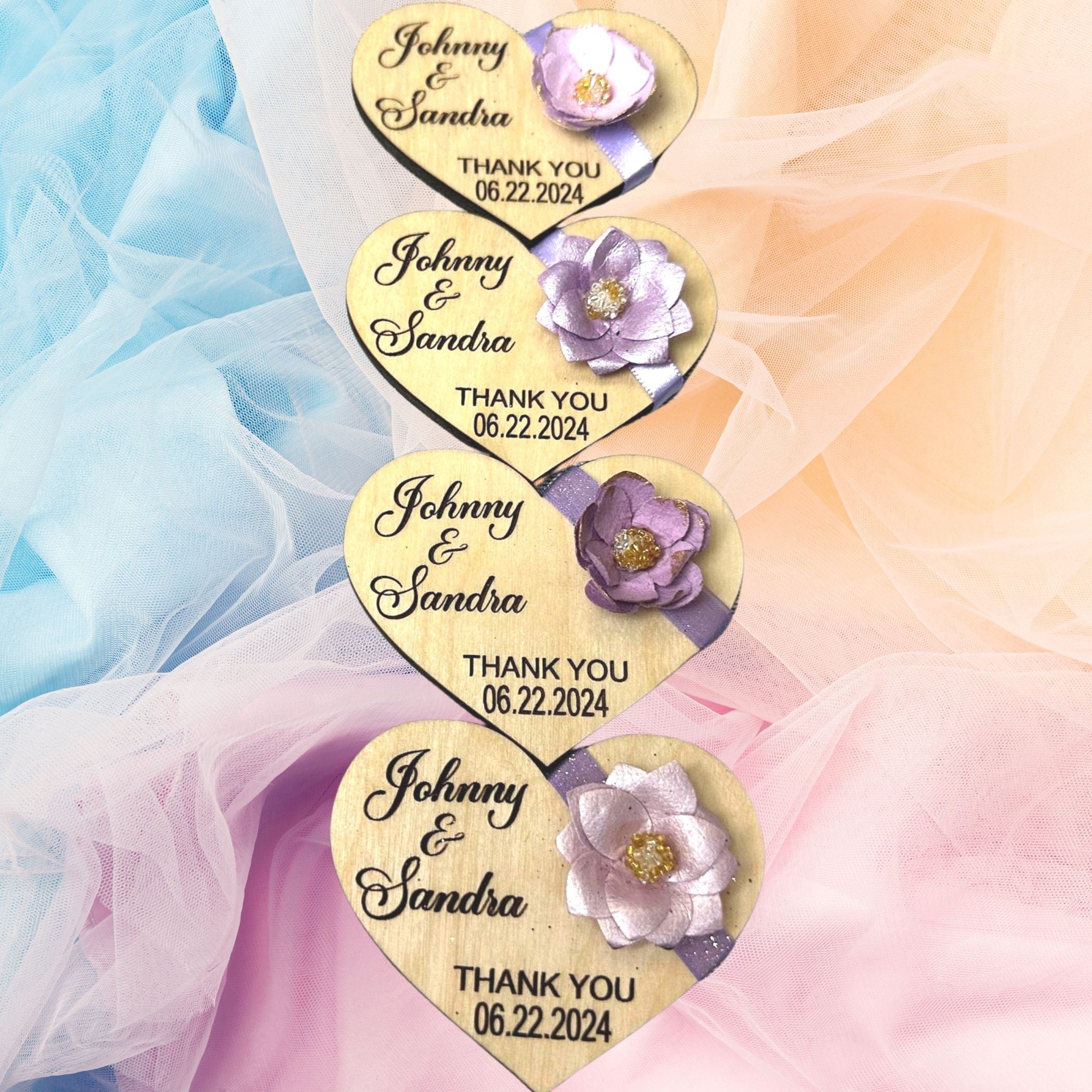 Set of 4 Personalized Hearts Wedding favors.  Bridal Shower lavender lilac purple shades favors. Wood engraved flower and ribbon favors