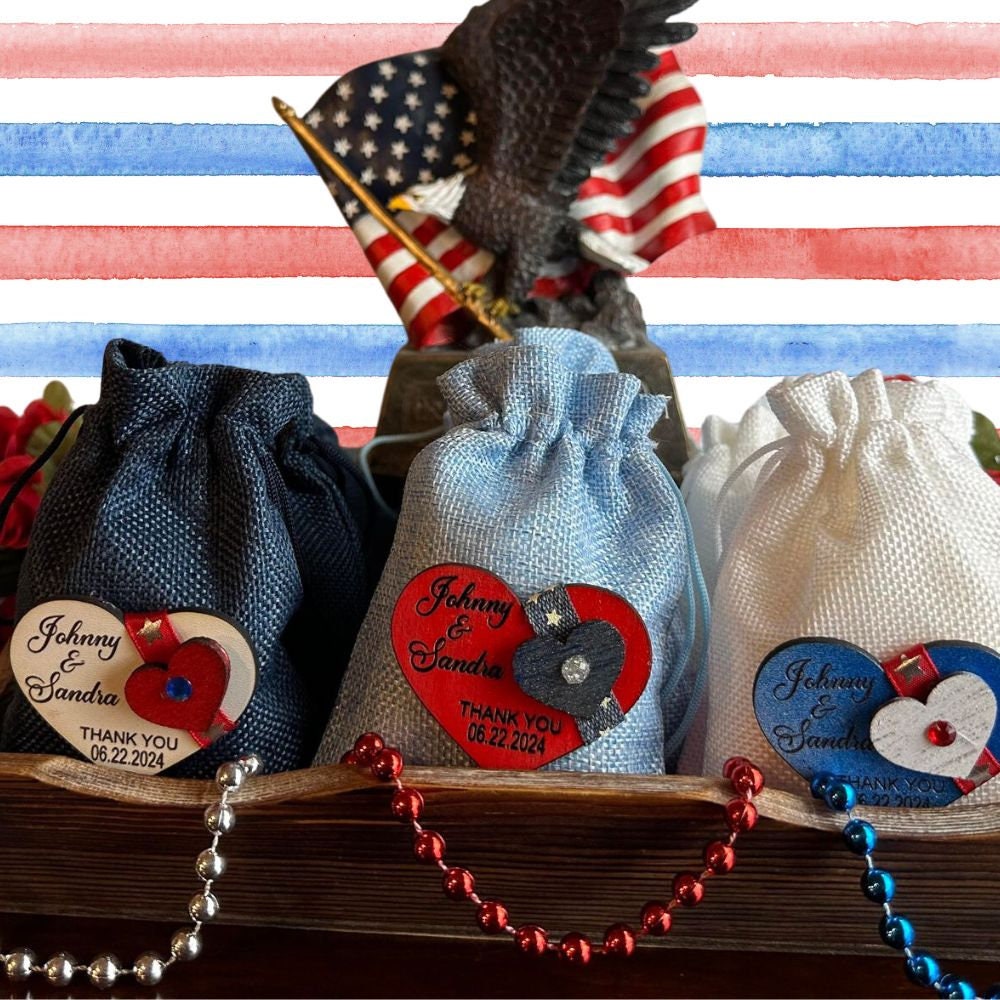 3 bag American Wedding Favors Sachets. Denim Red, White & Blue party keepsakes Burlap bags. Independence day 4th of July celebration sachets