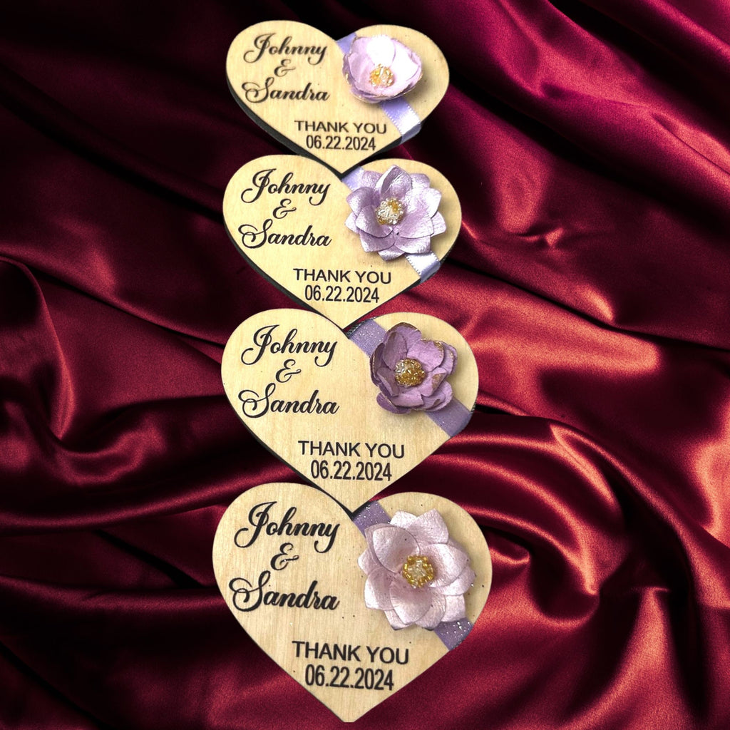 Set of 4 Personalized Hearts Wedding favors.  Bridal Shower lavender lilac purple shades favors. Wood engraved flower and ribbon favors