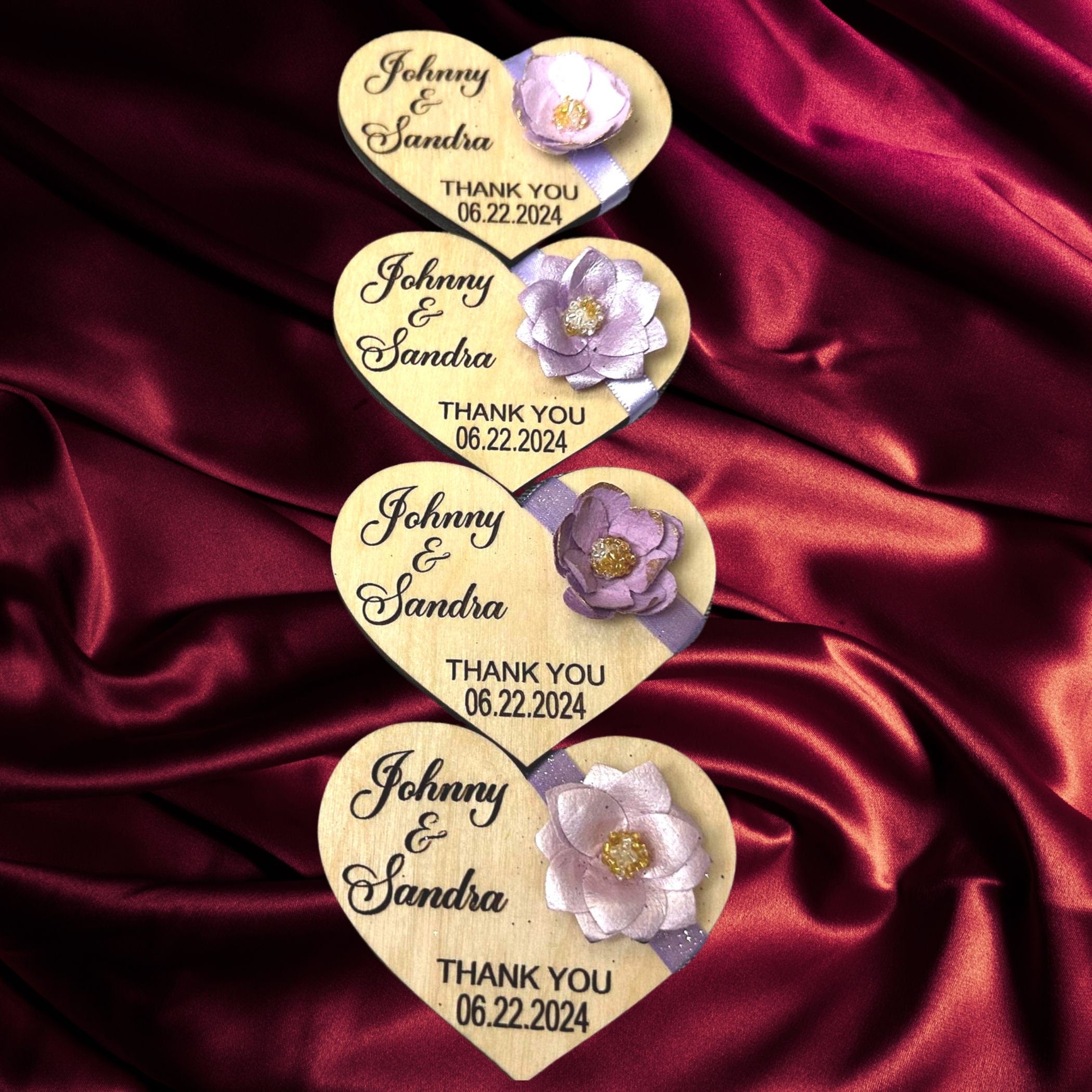 Set of 4 Personalized Hearts Wedding favors.  Bridal Shower lavender lilac purple shades favors. Wood engraved flower and ribbon favors