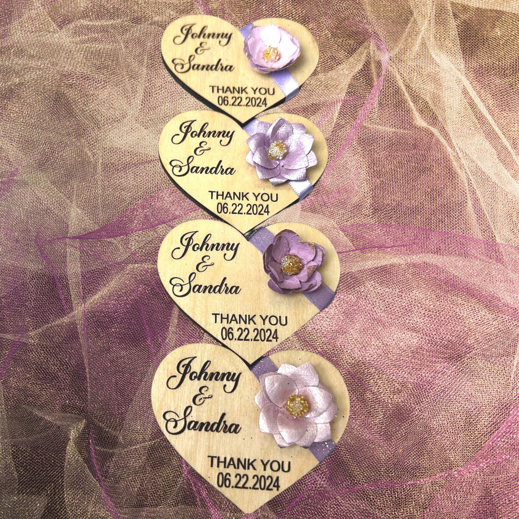 Set of 4 Personalized Hearts Wedding favors.  Bridal Shower lavender lilac purple shades favors. Wood engraved flower and ribbon favors