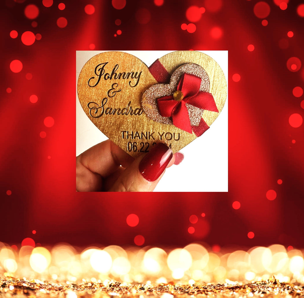 Set of 3 Gold and Red Elegance, Red and Gold Heart Wooden Favor Magnets