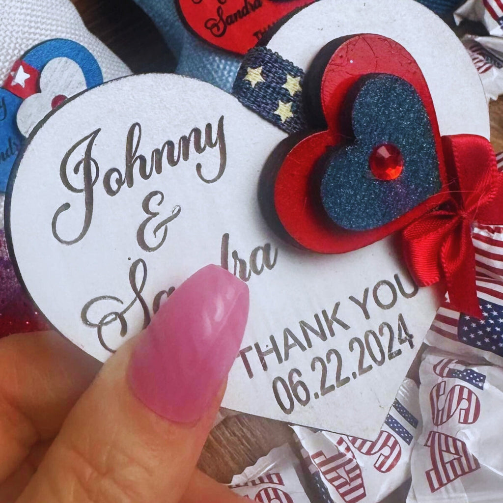 Set of 5 Proud American Wood Hearts Favors for Weddings.Stars and Stripes Wedding Party favors. Red White & Blue Personalized Favors.