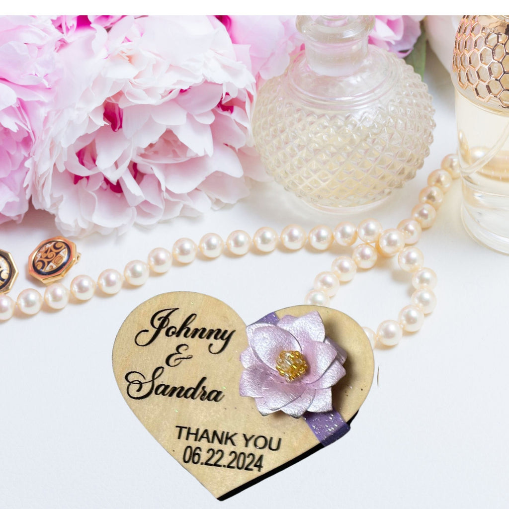 Set of 4 Personalized Hearts Wedding favors.  Bridal Shower lavender lilac purple shades favors. Wood engraved flower and ribbon favors