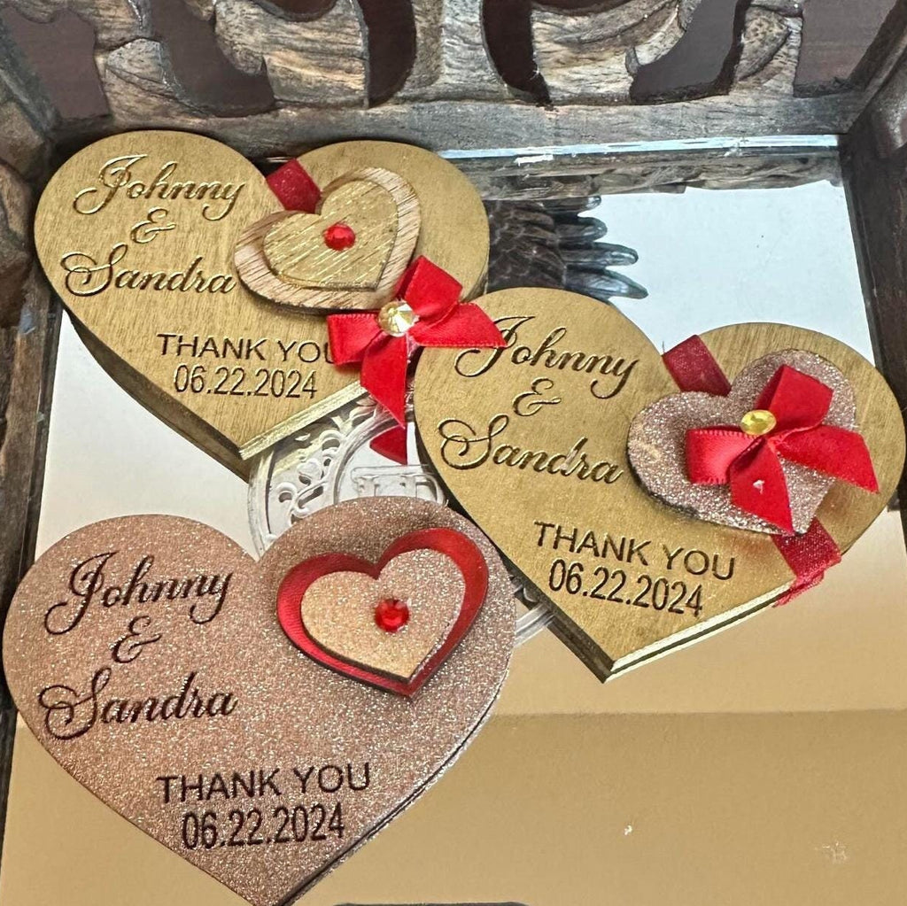Set of 3 Gold and Red Elegance, Red and Gold Heart Wooden Favor Magnets