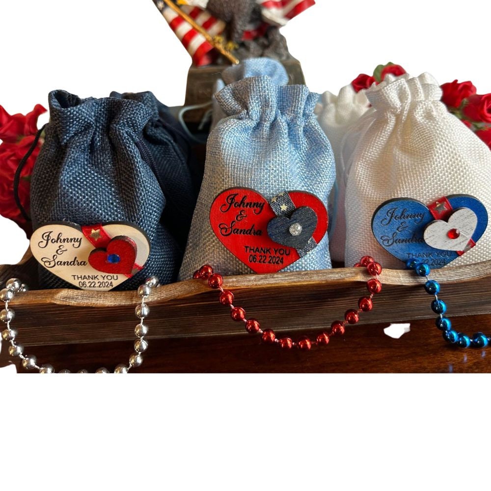 3 bag American Wedding Favors Sachets. Denim Red, White & Blue party keepsakes Burlap bags. Independence day 4th of July celebration sachets