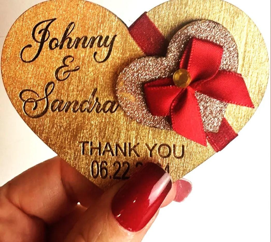 Set of 3 Gold and Red Elegance, Red and Gold Heart Wooden Favor Magnets