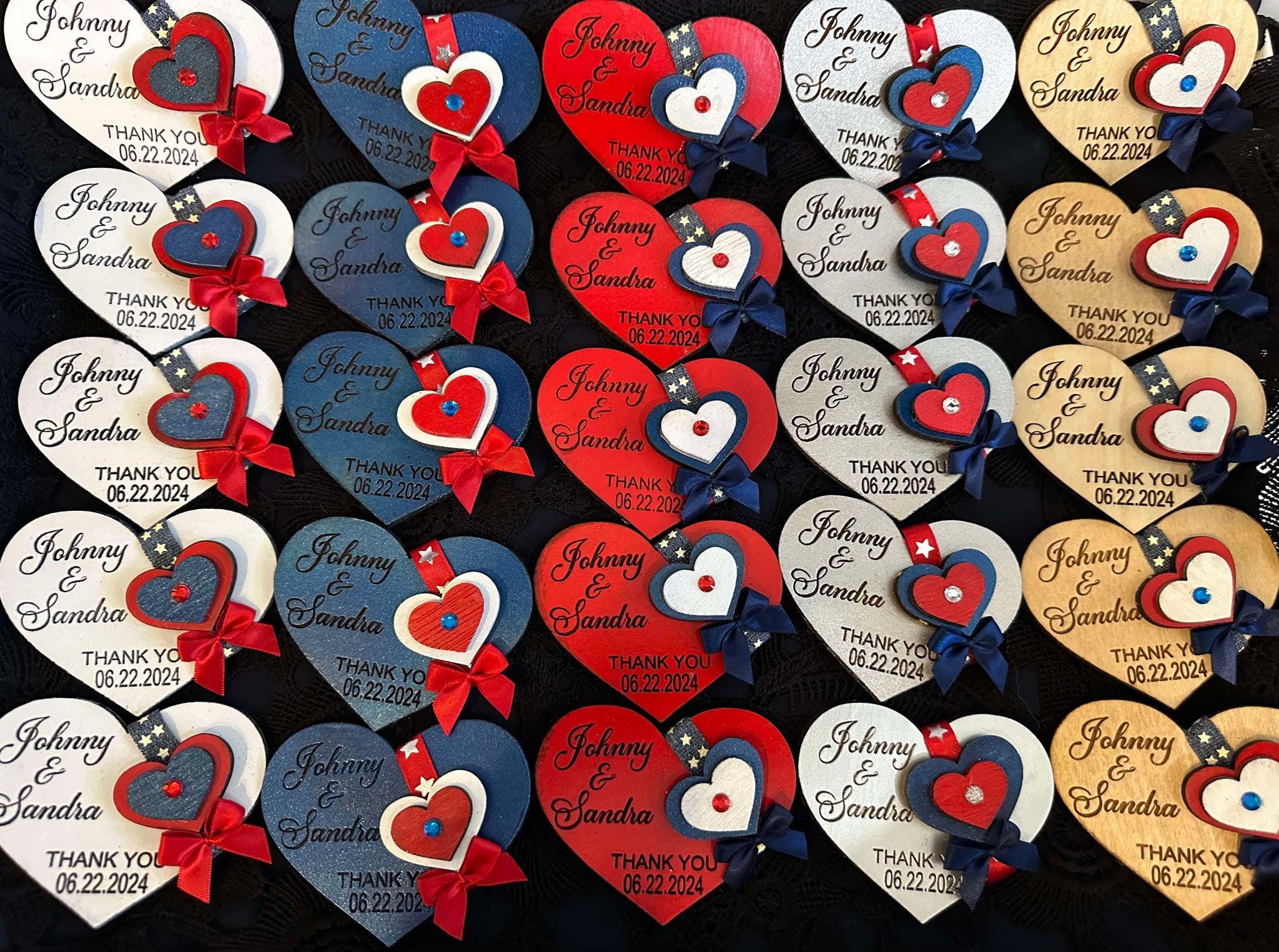 Set of 5 Proud American Wood Hearts Favors for Weddings.Stars and Stripes Wedding Party favors. Red White & Blue Personalized Favors.
