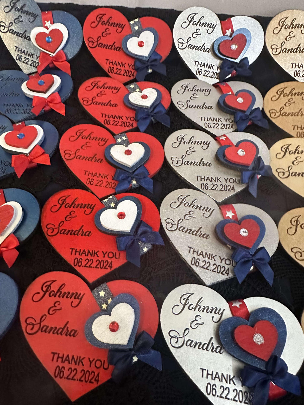 Set of 5 Proud American Wood Hearts Favors for Weddings.Stars and Stripes Wedding Party favors. Red White & Blue Personalized Favors.