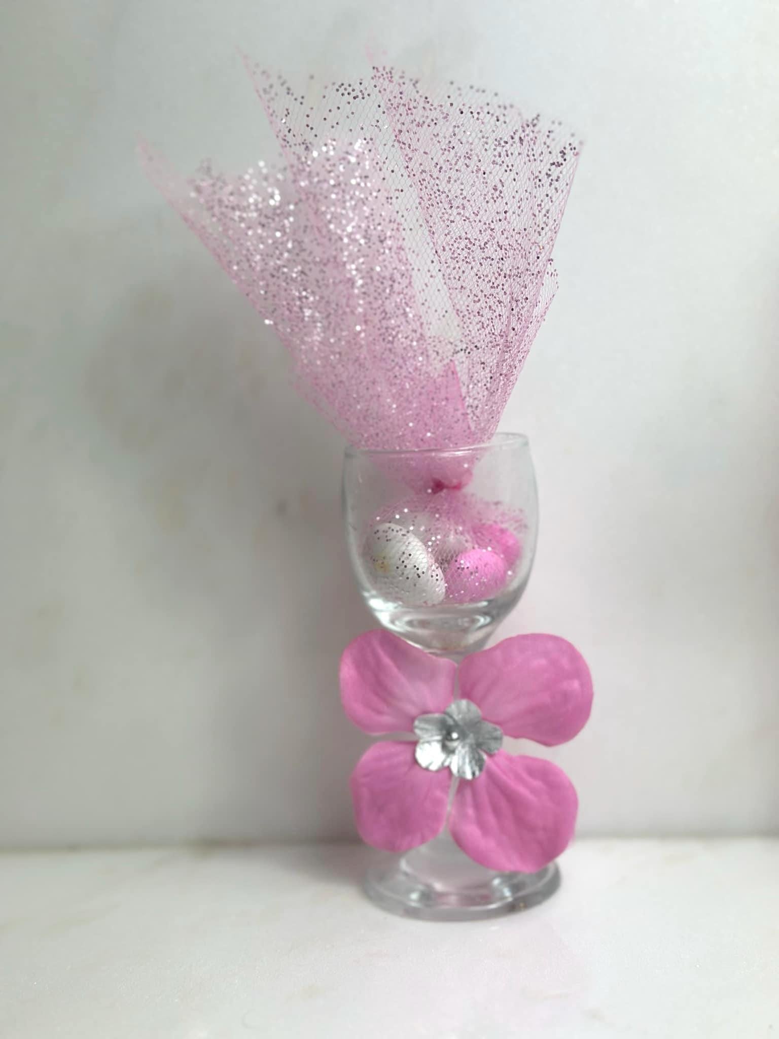 Decorated wine glasses with Candy favors ,fuchsia party Favors, Quinceanera wine glasses, mini wine glasses with hot pink and silver flowers