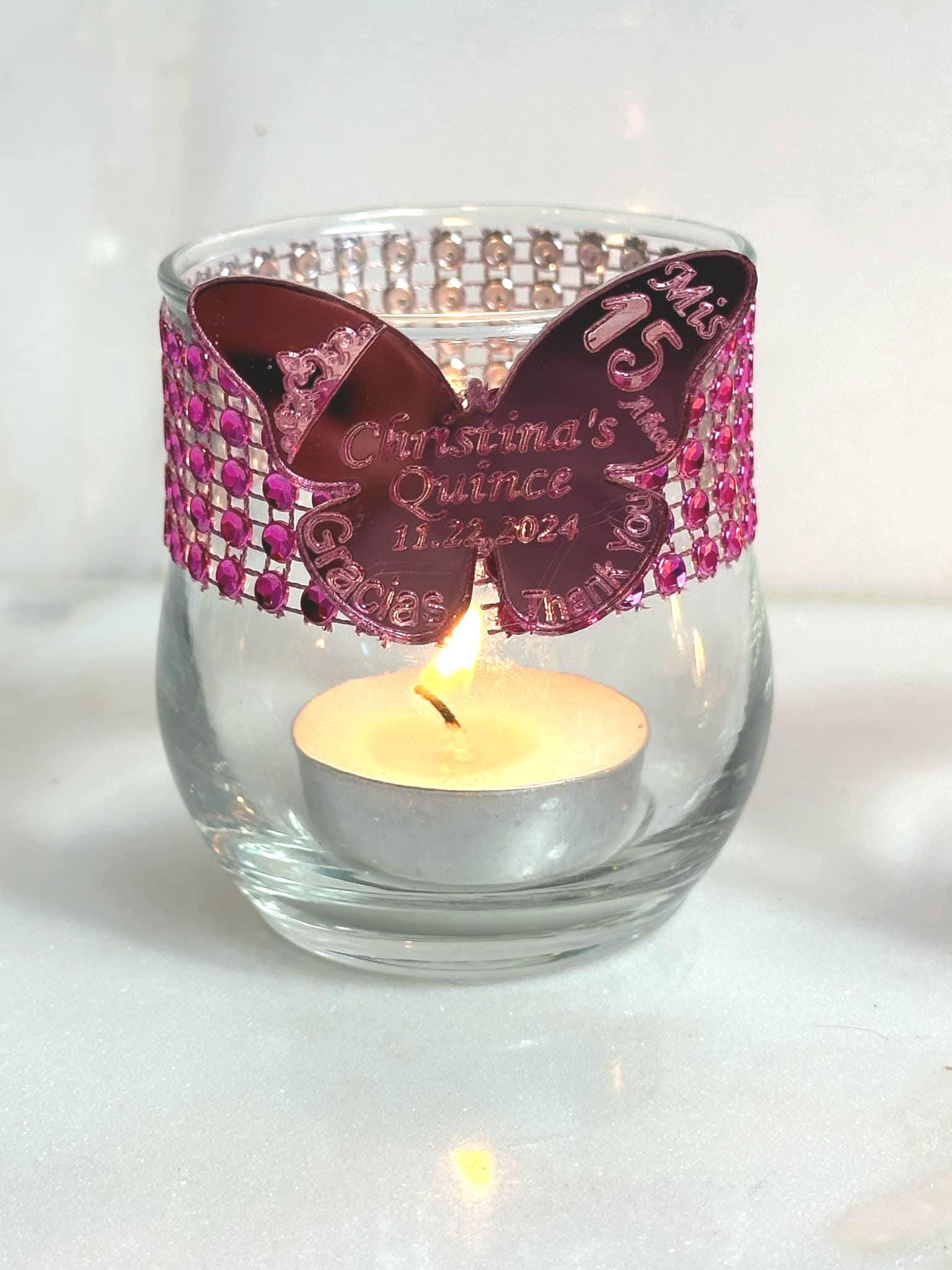 Set of 5 Mirror Butterfly candle holders, Bling glam party favors for guests, Hot pink candle favors, custom  Quinceanera favors, Butterfly favors