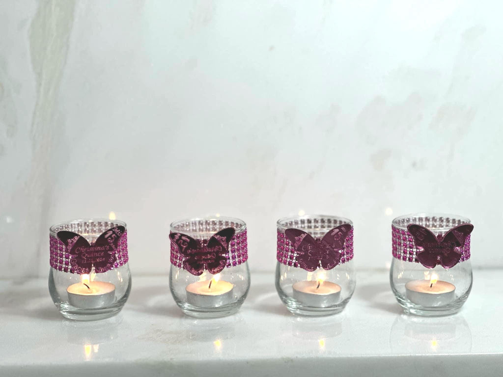 Set of 5 Mirror Butterfly candle holders, Bling glam party favors for guests, Hot pink candle favors, custom  Quinceanera favors, Butterfly favors