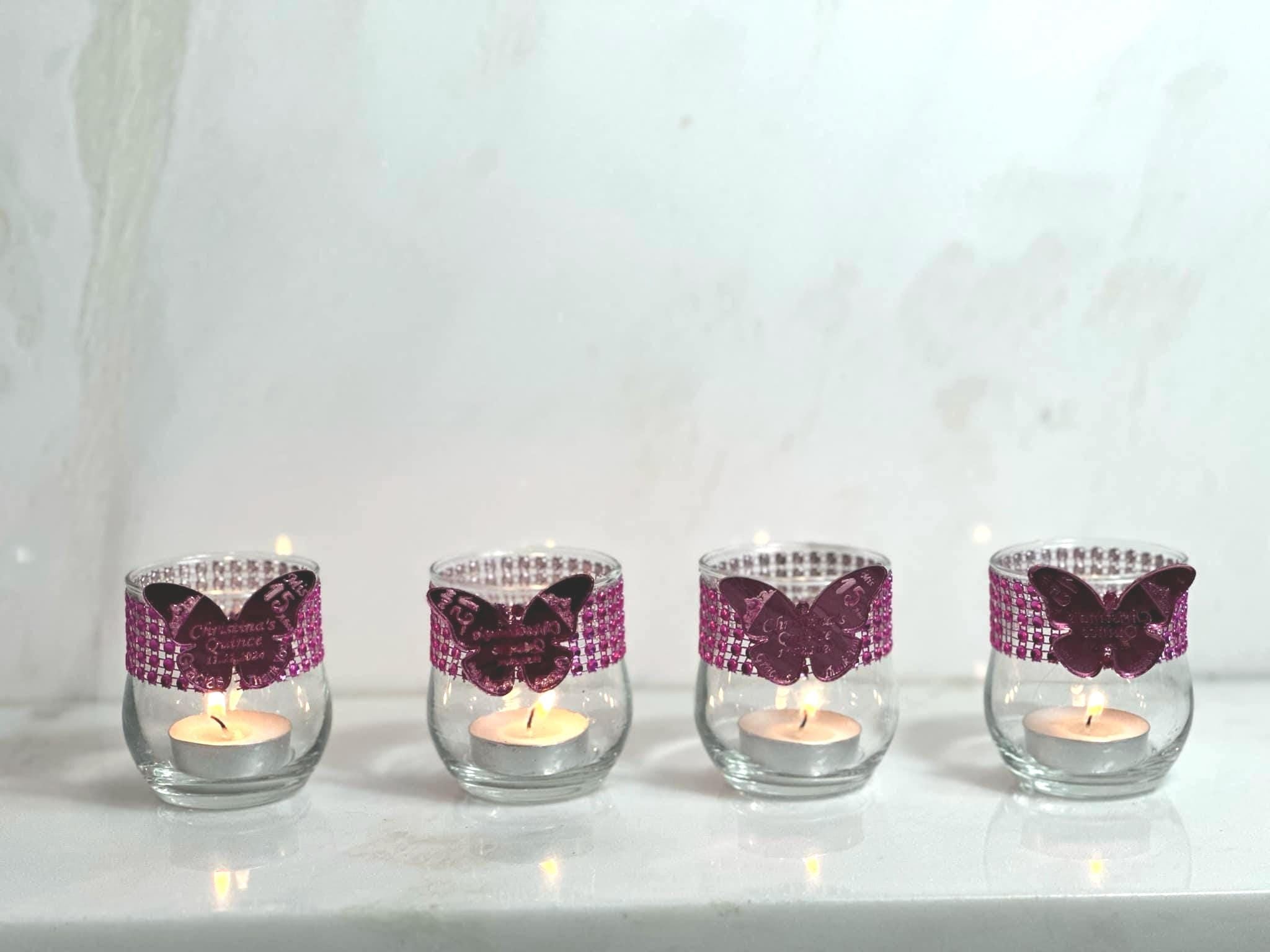 Set of 5 Mirror Butterfly candle holders, Bling glam party favors for guests, Hot pink candle favors, custom  Quinceanera favors, Butterfly favors