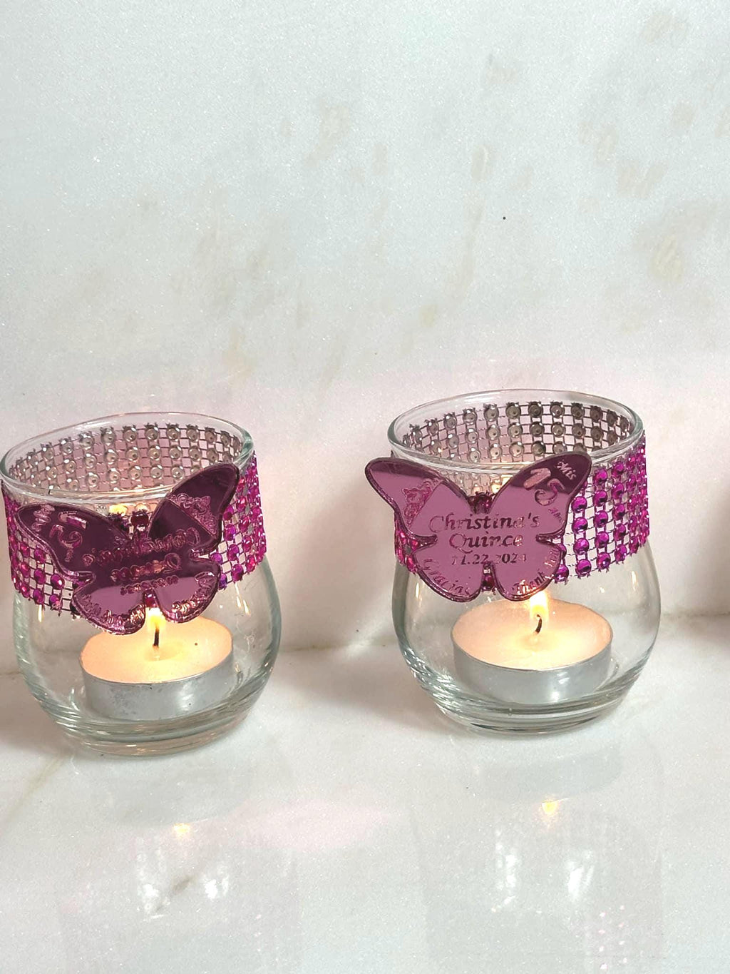 Set of 5 Mirror Butterfly candle holders, Bling glam party favors for guests, Hot pink candle favors, custom  Quinceanera favors, Butterfly favors