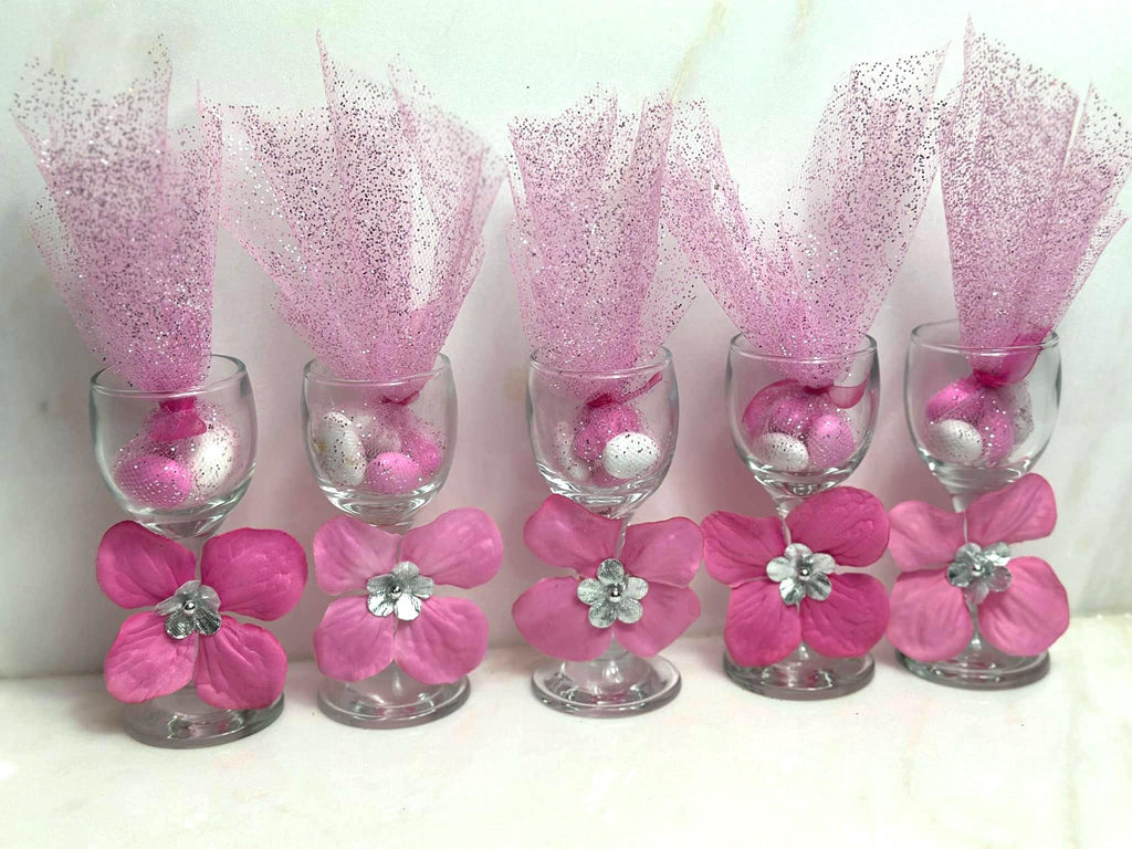 Decorated wine glasses with Candy favors ,fuchsia party Favors, Quinceanera wine glasses, mini wine glasses with hot pink and silver flowers