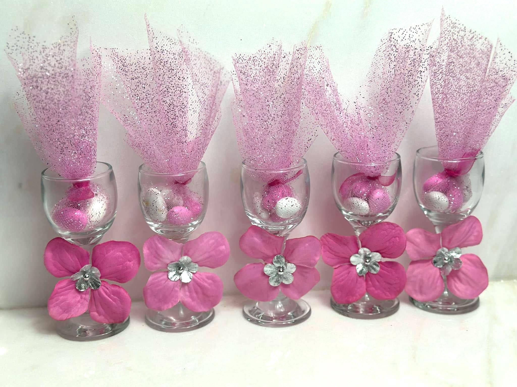 Decorated wine glasses with Candy favors ,fuchsia party Favors, Quinceanera wine glasses, mini wine glasses with hot pink and silver flowers