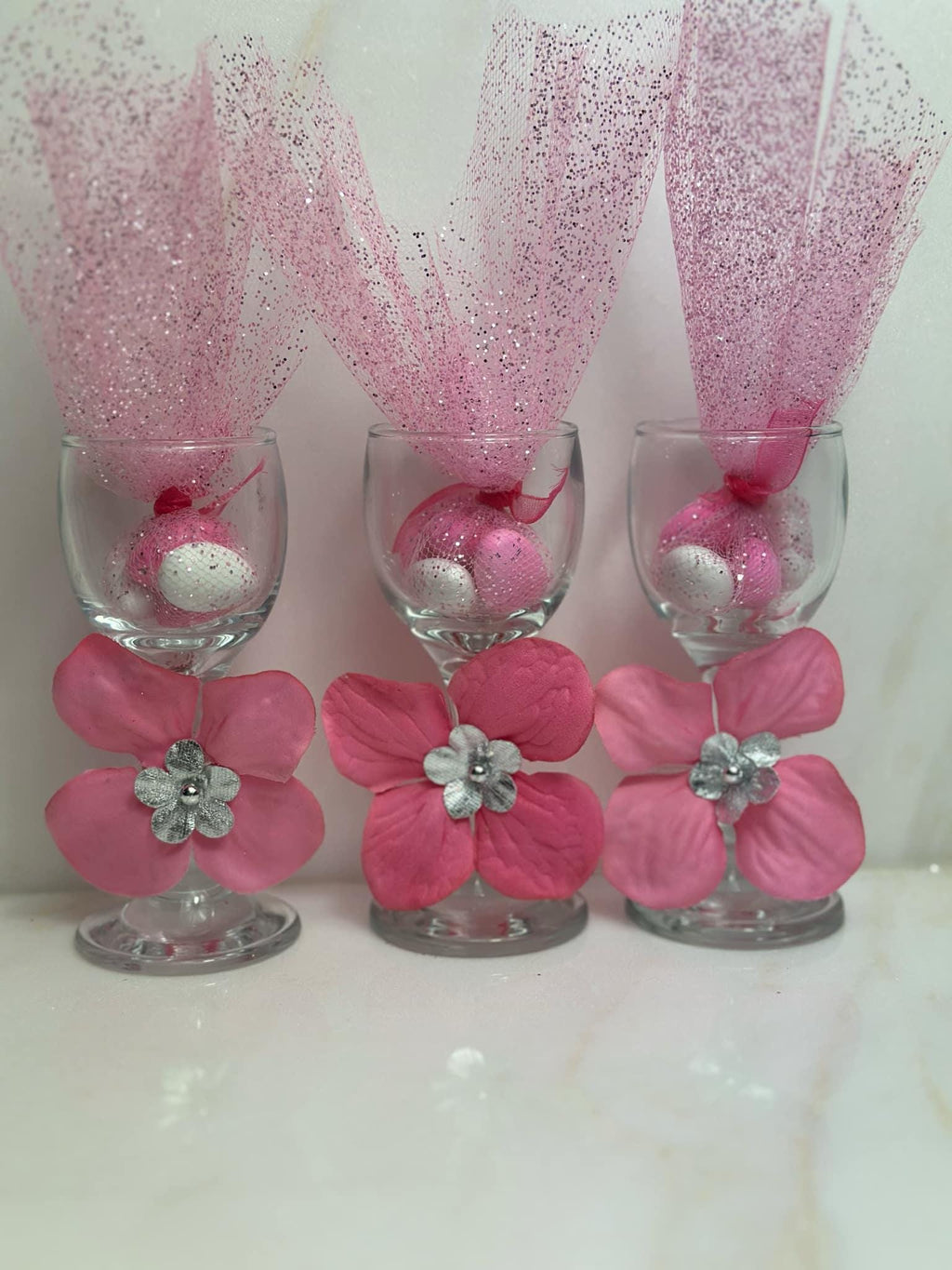Decorated wine glasses with Candy favors ,fuchsia party Favors, Quinceanera wine glasses, mini wine glasses with hot pink and silver flowers
