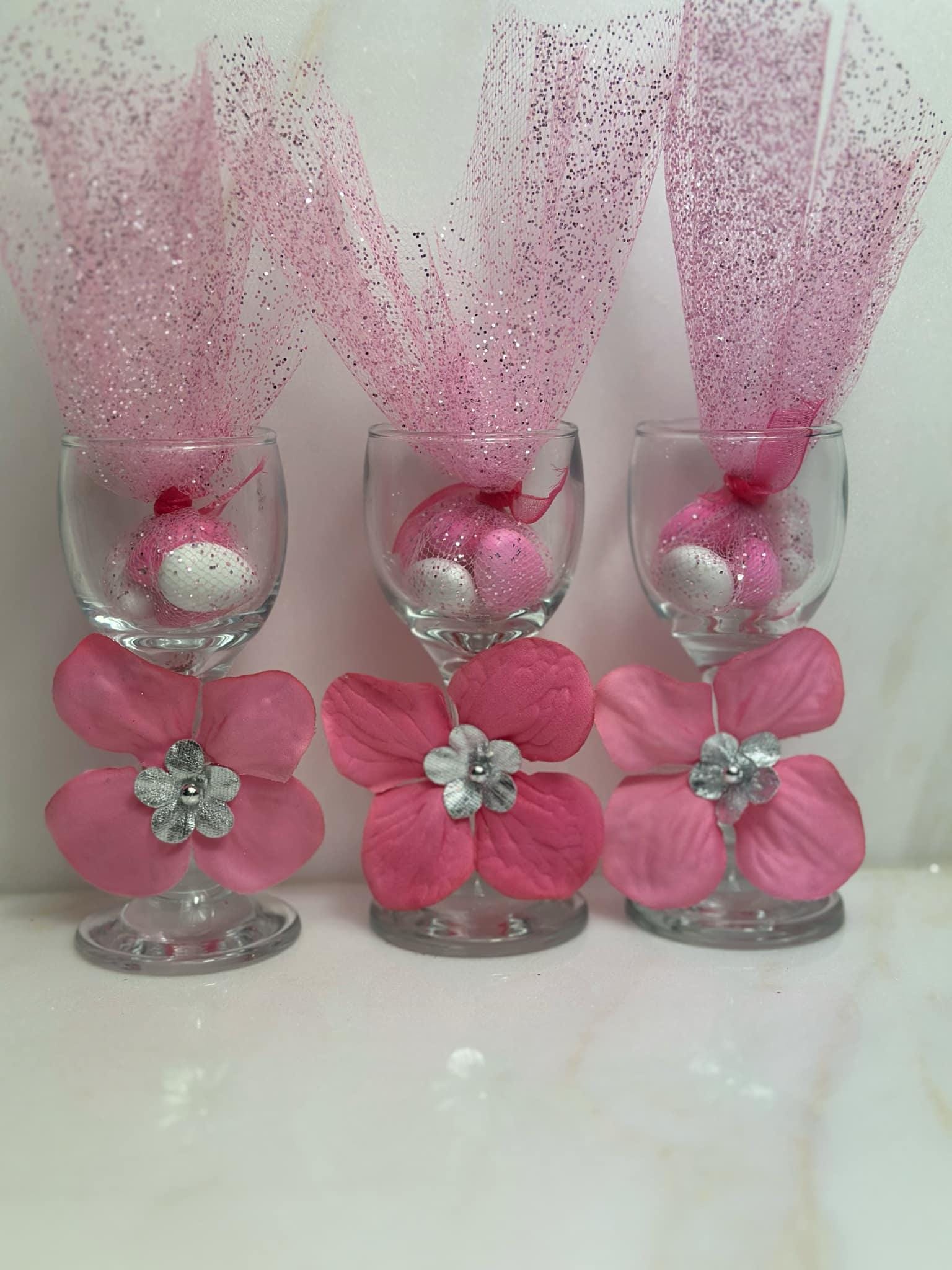 Decorated wine glasses with Candy favors ,fuchsia party Favors, Quinceanera wine glasses, mini wine glasses with hot pink and silver flowers