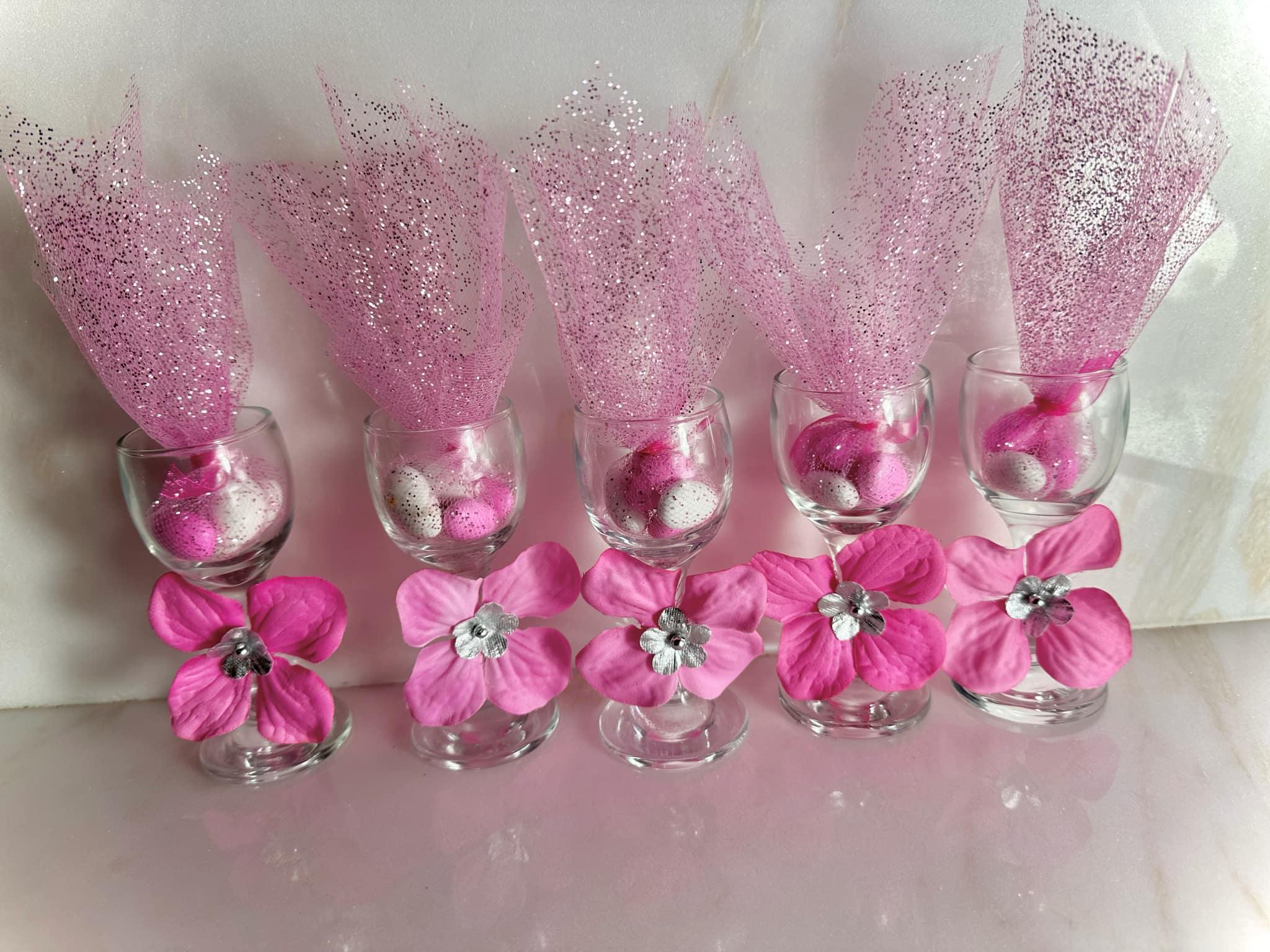 Decorated wine glasses with Candy favors ,fuchsia party Favors, Quinceanera wine glasses, mini wine glasses with hot pink and silver flowers