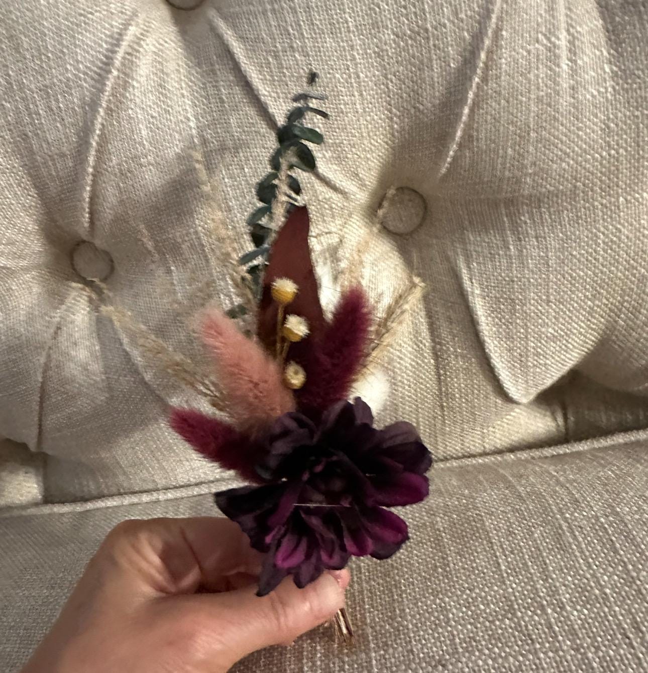 Boho Groom Boutonniere with Dried and Silk Flowers - Rustic Dried Flowers and Wheat and Pampas pin for men - Burgundy Groomsmen Boutonniere