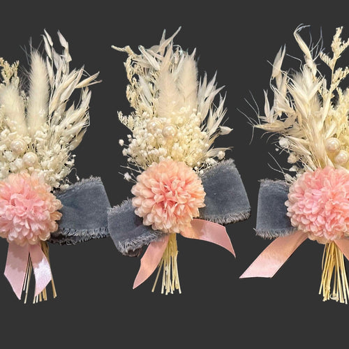 Elegant Groom Boutonniere with Dried and Silk Flowers - Pink, White and Denim Color pin for Men. Pampas and Velvet Groomsmen Pin with pearl