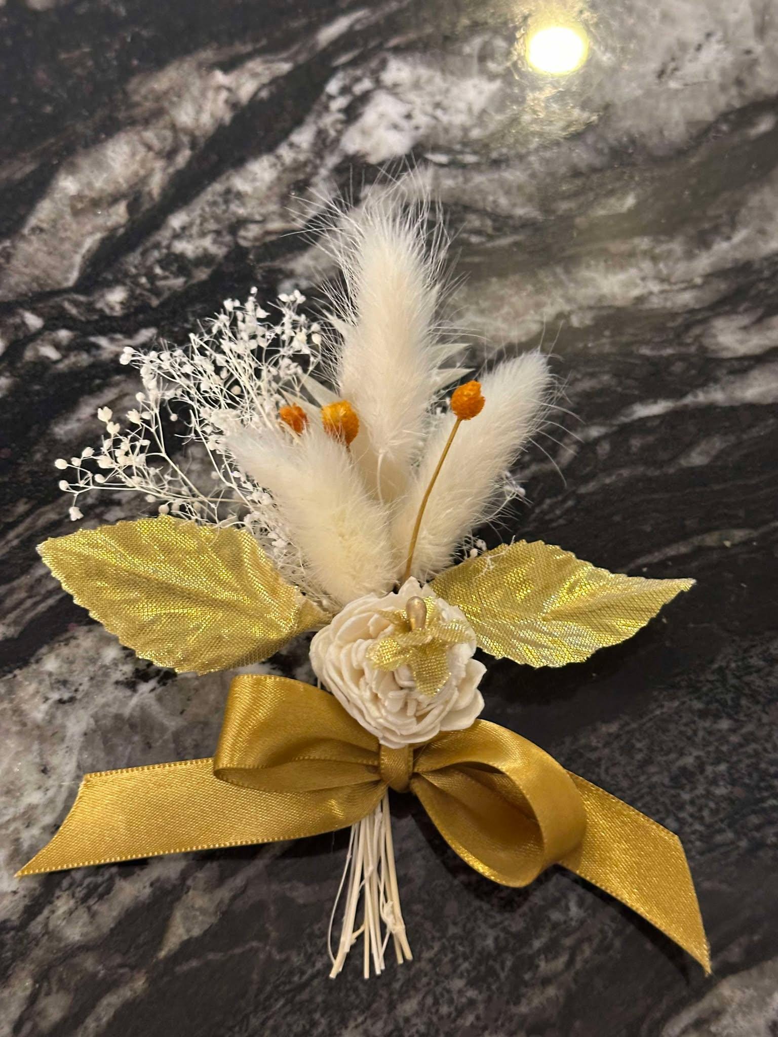 Gold Groom Boutonniere with Dried Flowers, leaves, Pampas and Satin Ribbon - Pin for men -Orange and Gold Groomsmen Buttonhole -Boho Corsage