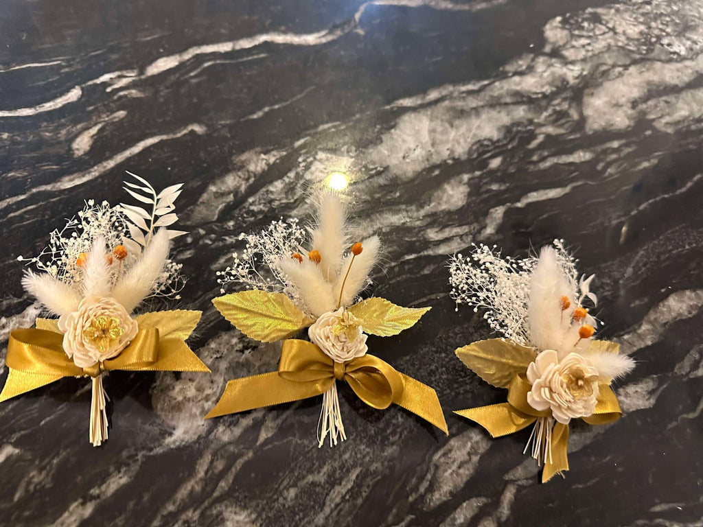 Gold Groom Boutonniere with Dried Flowers, leaves, Pampas and Satin Ribbon - Pin for men -Orange and Gold Groomsmen Buttonhole -Boho Corsage