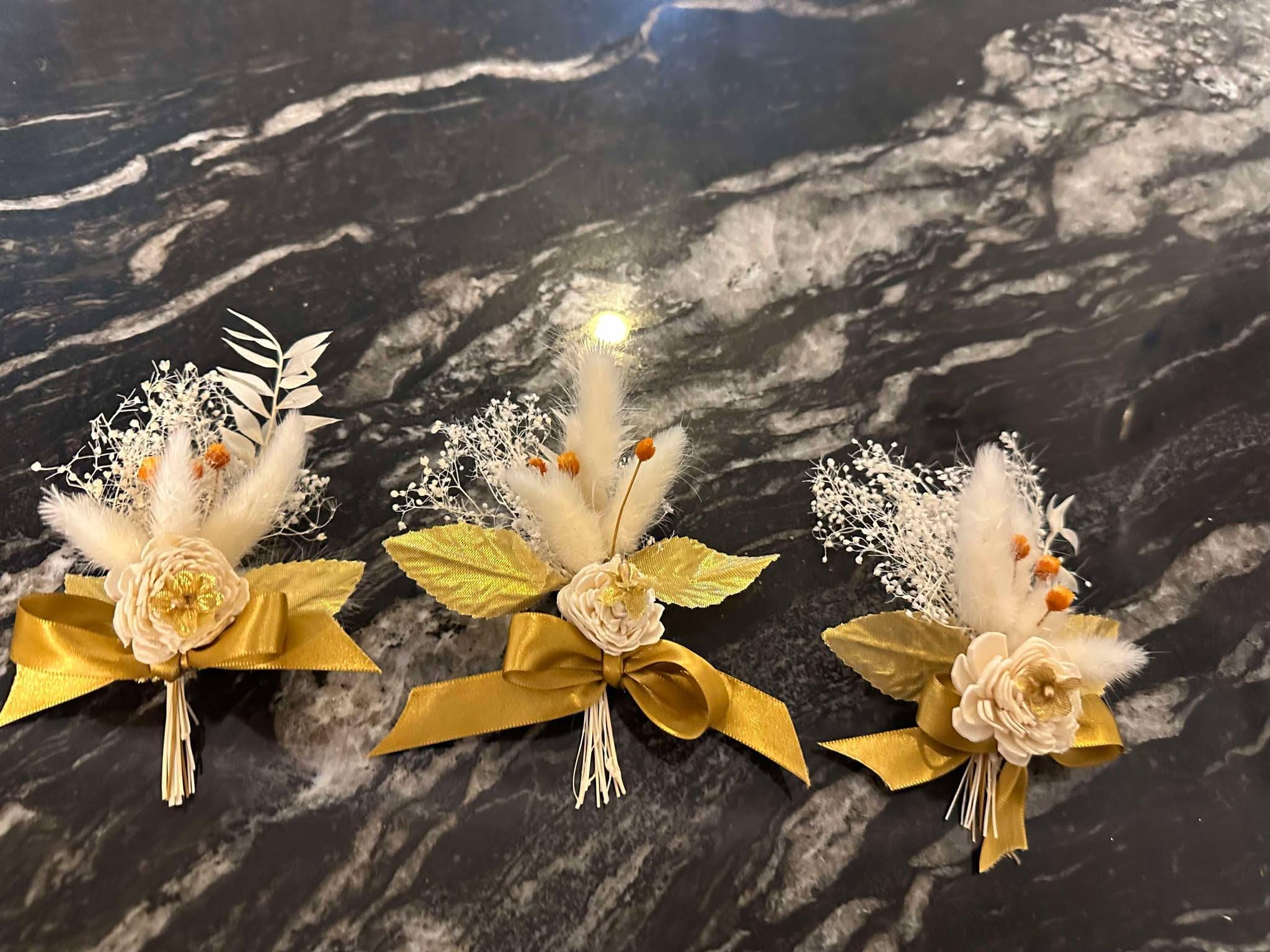 Gold Groom Boutonniere with Dried Flowers, leaves, Pampas and Satin Ribbon - Pin for men -Orange and Gold Groomsmen Buttonhole -Boho Corsage