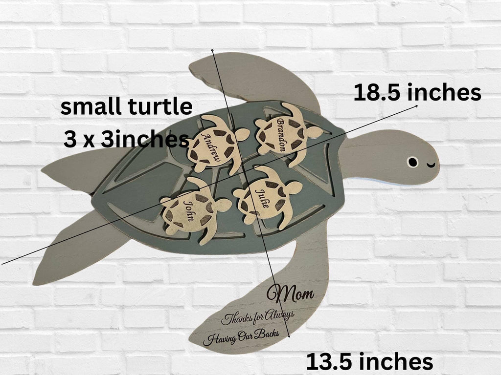 personalized sea turtle wood sign, gift for mom/grandma, thanks for always having our back, custom family name sign, engrave turtle plaque