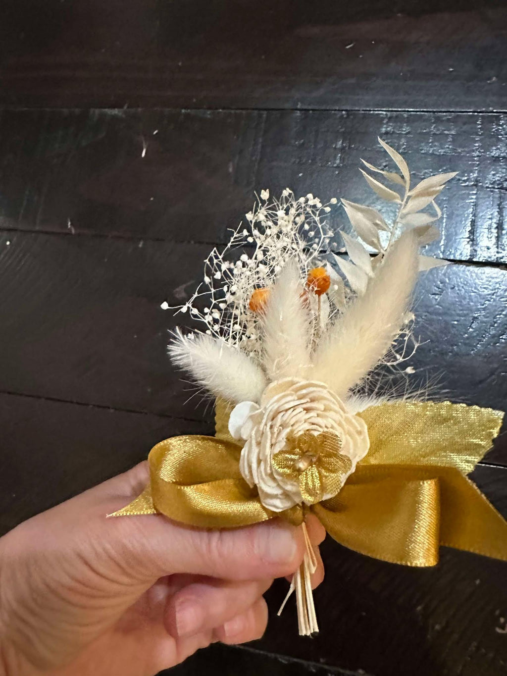 Gold Groom Boutonniere with Dried Flowers, leaves, Pampas and Satin Ribbon - Pin for men -Orange and Gold Groomsmen Buttonhole -Boho Corsage