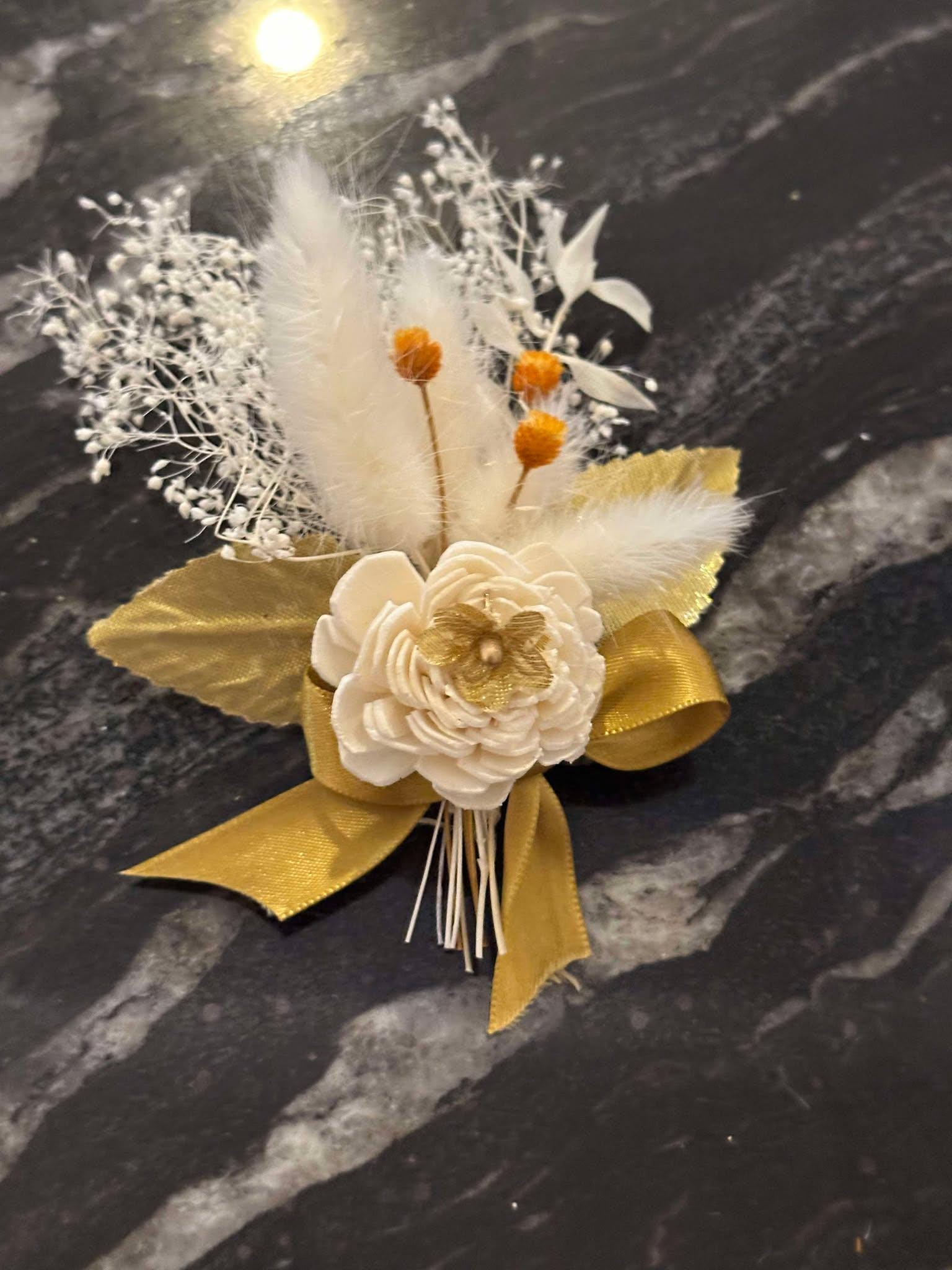 Gold Groom Boutonniere with Dried Flowers, leaves, Pampas and Satin Ribbon - Pin for men -Orange and Gold Groomsmen Buttonhole -Boho Corsage