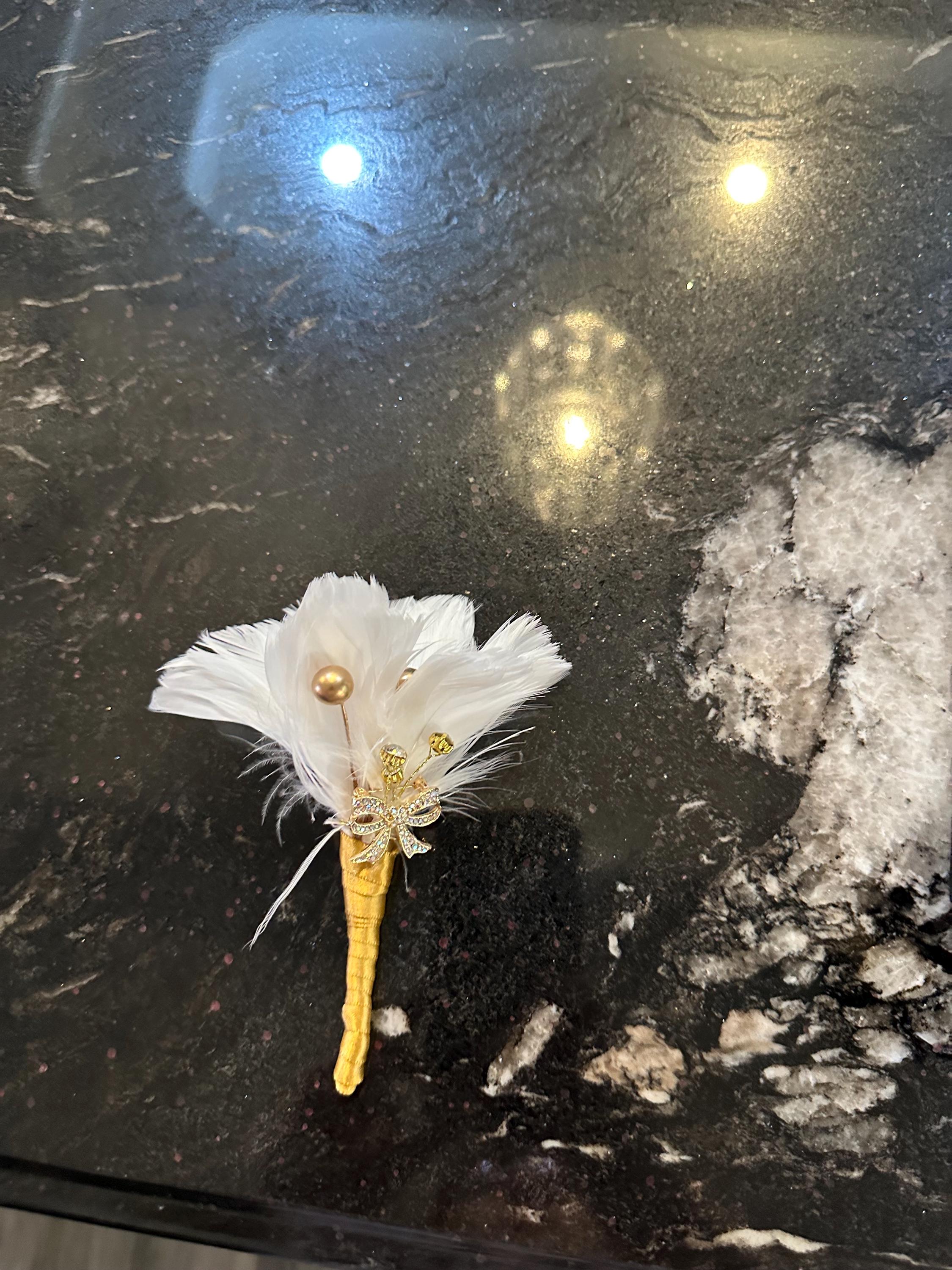 Elegant White Feather Corsage and Boutonniere Set - Gold, Pearl and Rhinestone Accents. Wedding, Prom, Formal Event Floral Accessories.