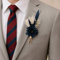 Elegant Navy Blue Boho Boutonniere with feathers, natural dried and silk flowers with matching corsage for women. Royal Blue Corsage, pin.