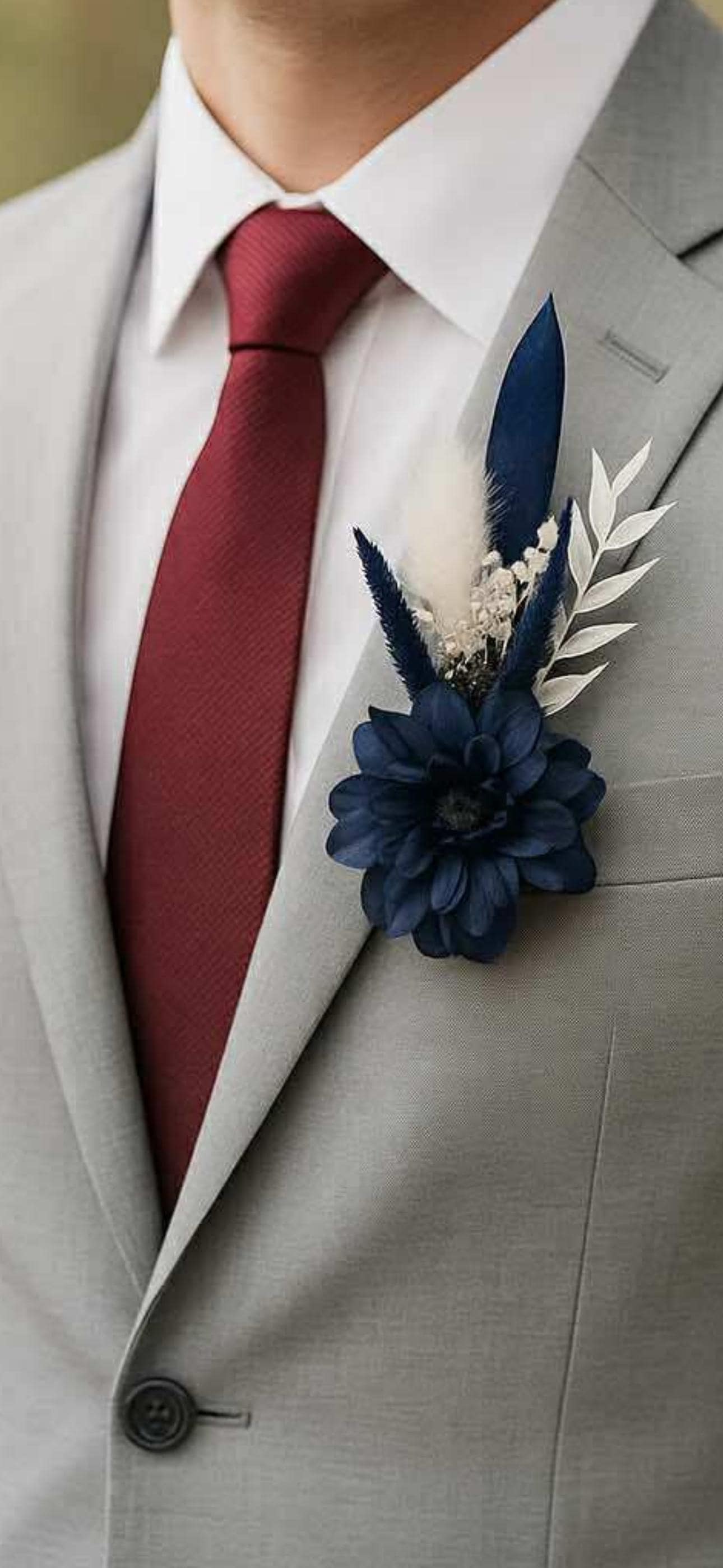 Elegant Navy Blue Boho Boutonniere with feathers, natural dried and silk flowers with matching corsage for women. Royal Blue Corsage, pin.