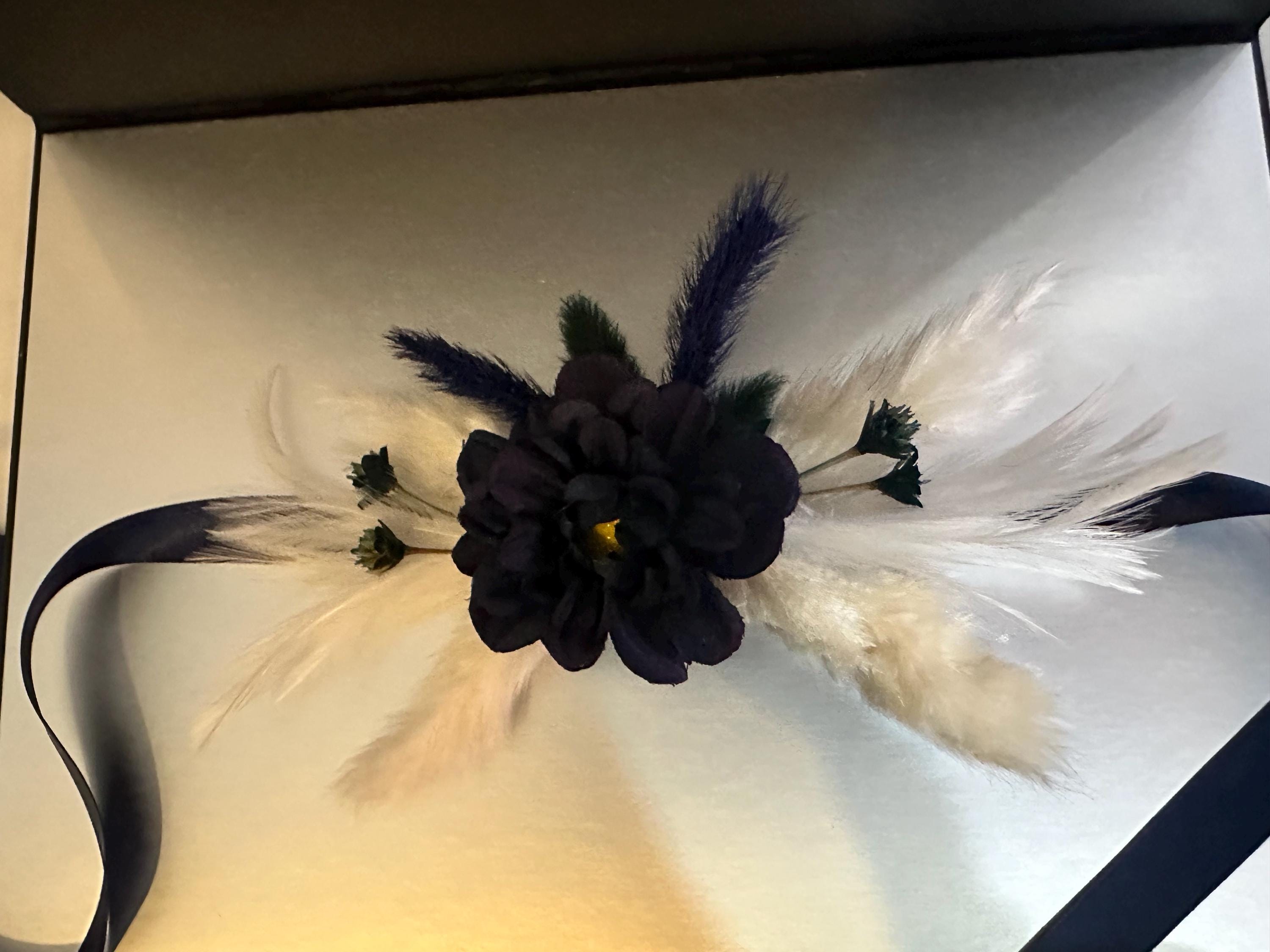 Elegant Navy Blue Boho Boutonniere with feathers, natural dried and silk flowers with matching corsage for women. Royal Blue Corsage, pin.