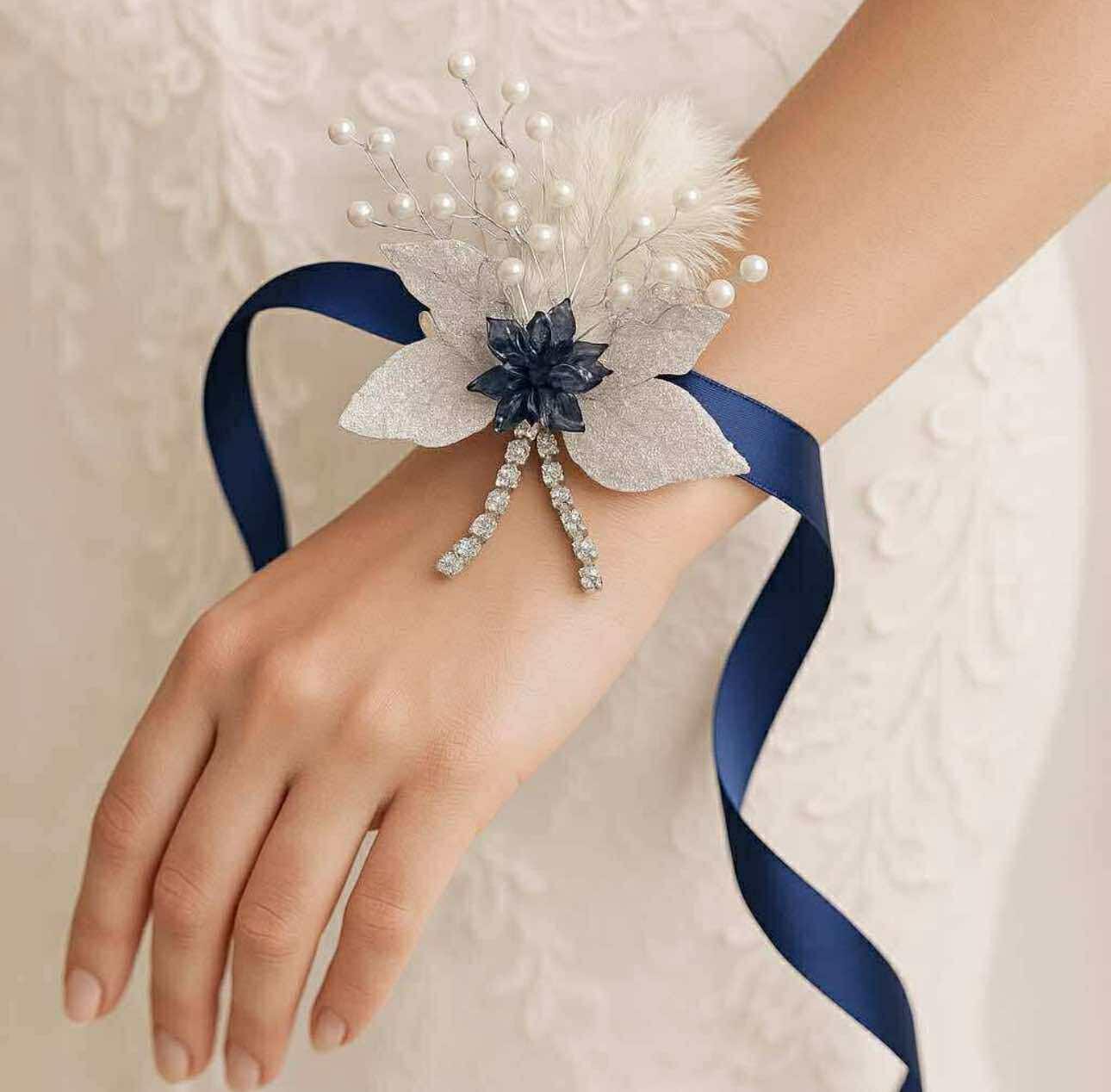 Elegant Royal Blue Corsage with Zirconia, Crystals, pearls and White Leaves with Glitter. Navy Blue Corsage for Proms and Special Occasions