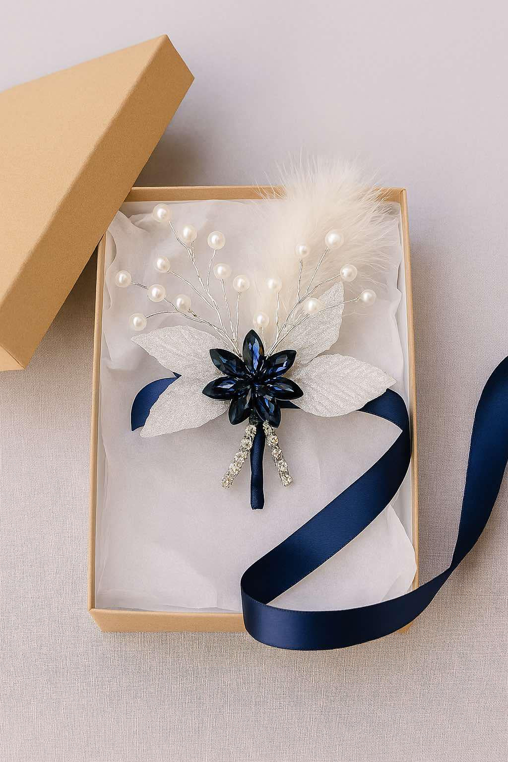 Elegant Royal Blue Corsage with Zirconia, Crystals, pearls and White Leaves with Glitter. Navy Blue Corsage for Proms and Special Occasions