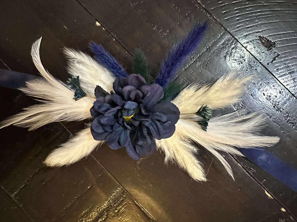 Elegant Navy Blue Boho Boutonniere with feathers, natural dried and silk flowers with matching corsage for women. Royal Blue Corsage, pin.