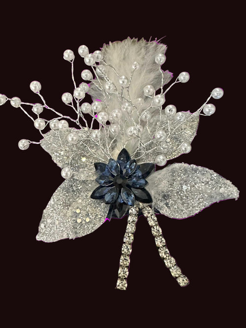 Elegant Royal Blue Corsage with Zirconia, Crystals, pearls and White Leaves with Glitter. Navy Blue Corsage for Proms and Special Occasions