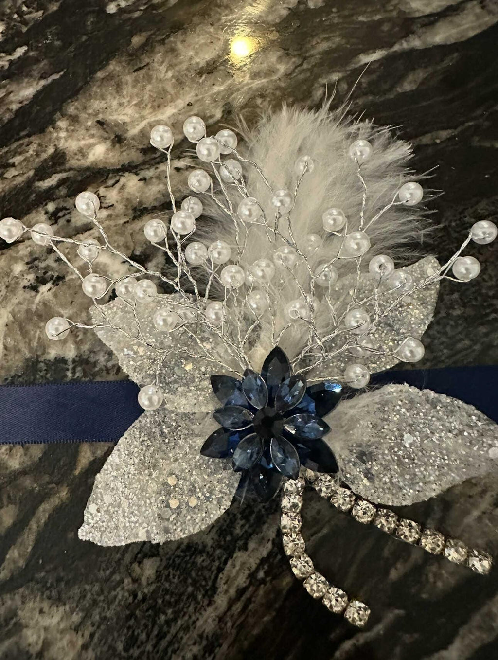Elegant Royal Blue Corsage with Zirconia, Crystals, pearls and White Leaves with Glitter. Navy Blue Corsage for Proms and Special Occasions
