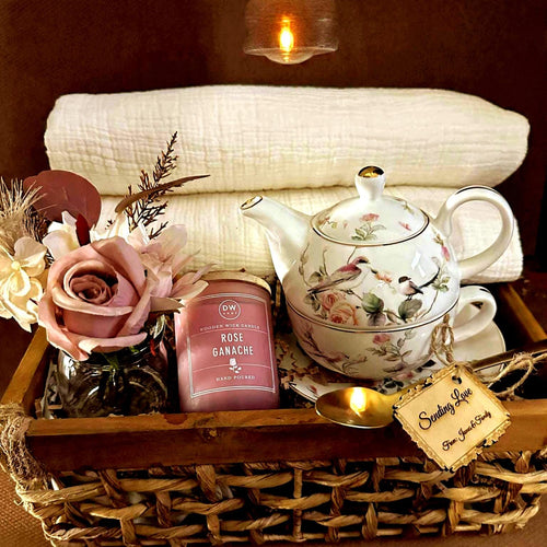 Floral Teapot Gift Set: Rose Candle, Cotton Blanket & Dried Accents