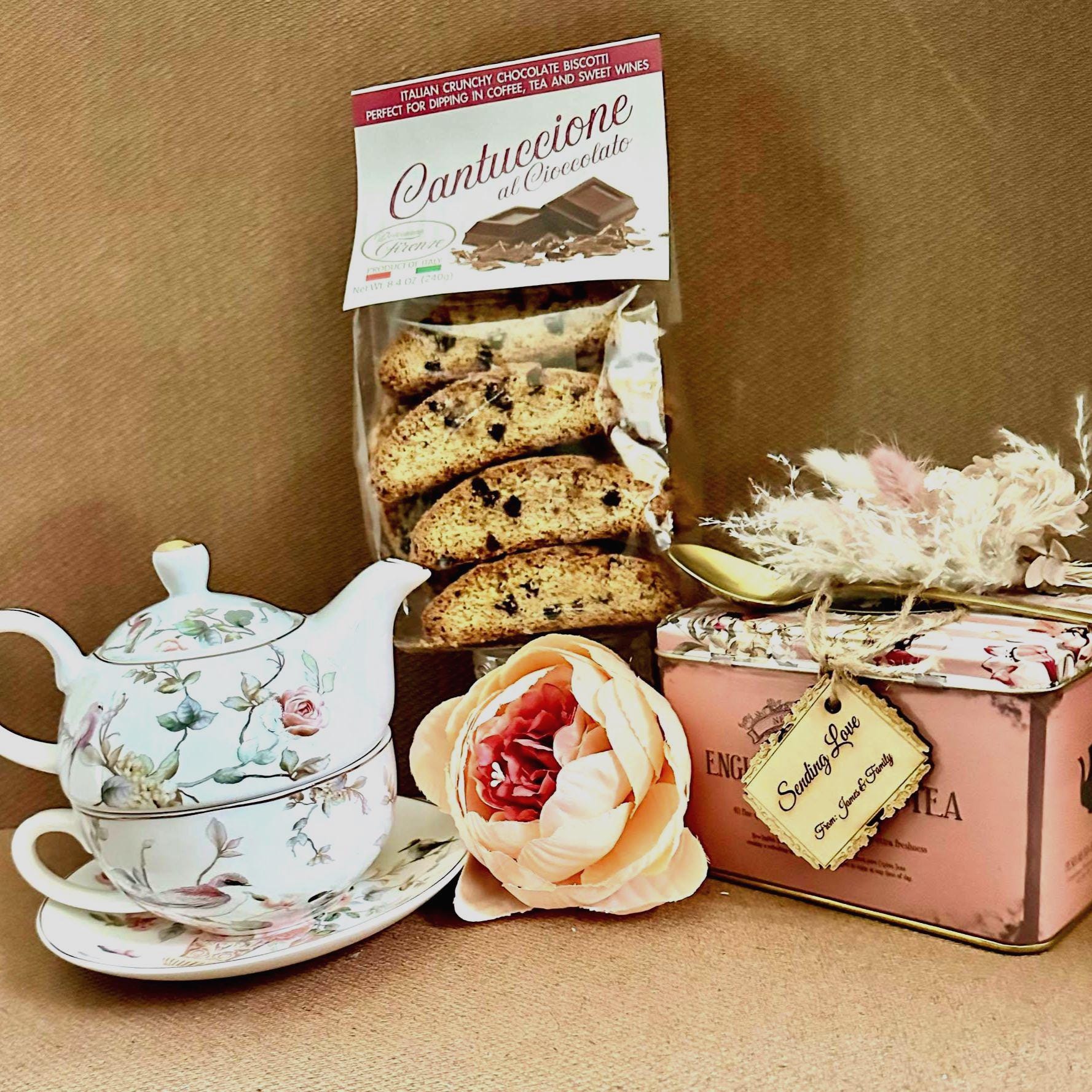 Floral Tea Gift Basket: Vintage Teapot Set, Biscotti & English Tea