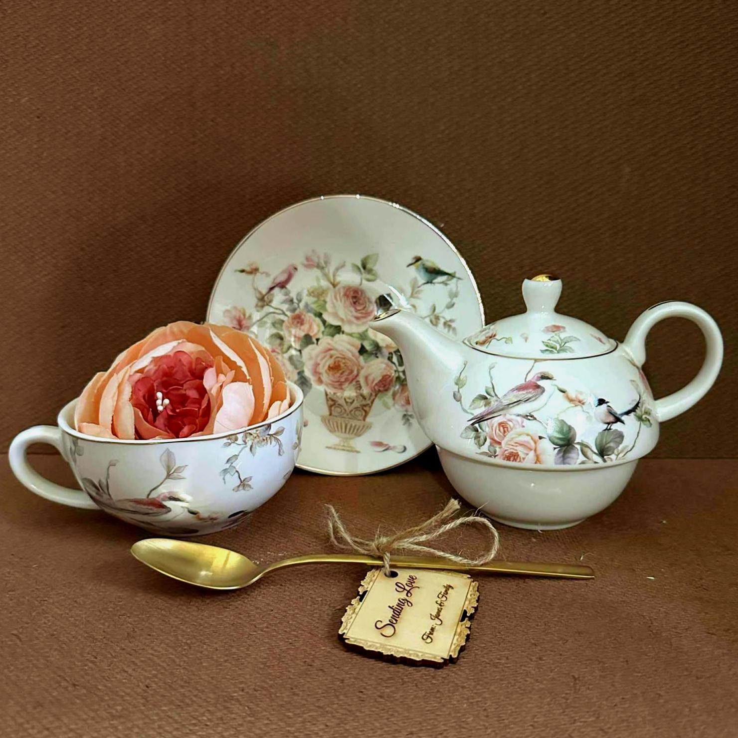 Floral Tea Gift Basket: Vintage Teapot Set, Biscotti & English Tea