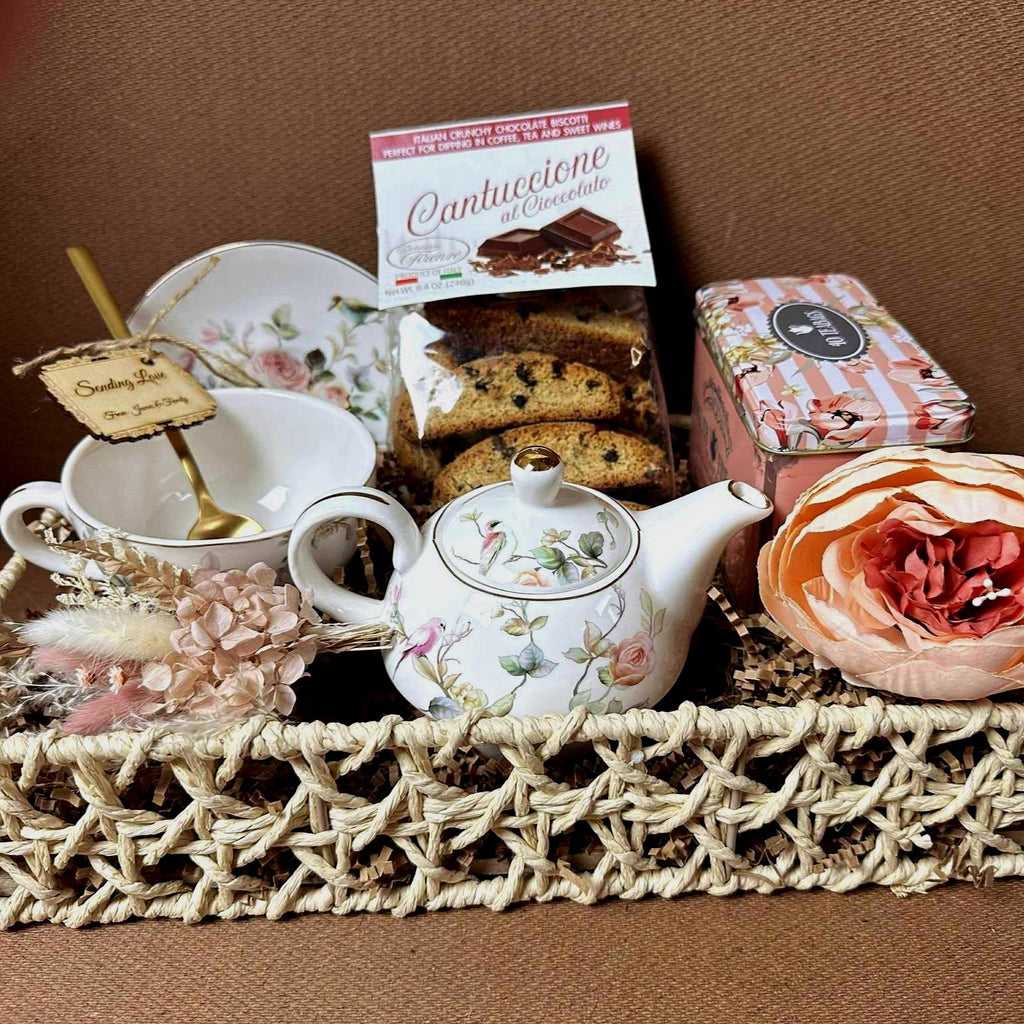 Floral Tea Gift Basket: Vintage Teapot Set, Biscotti & English Tea