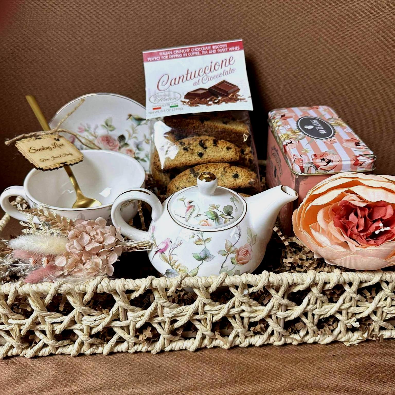 Floral Tea Gift Basket: Vintage Teapot Set, Biscotti & English Tea