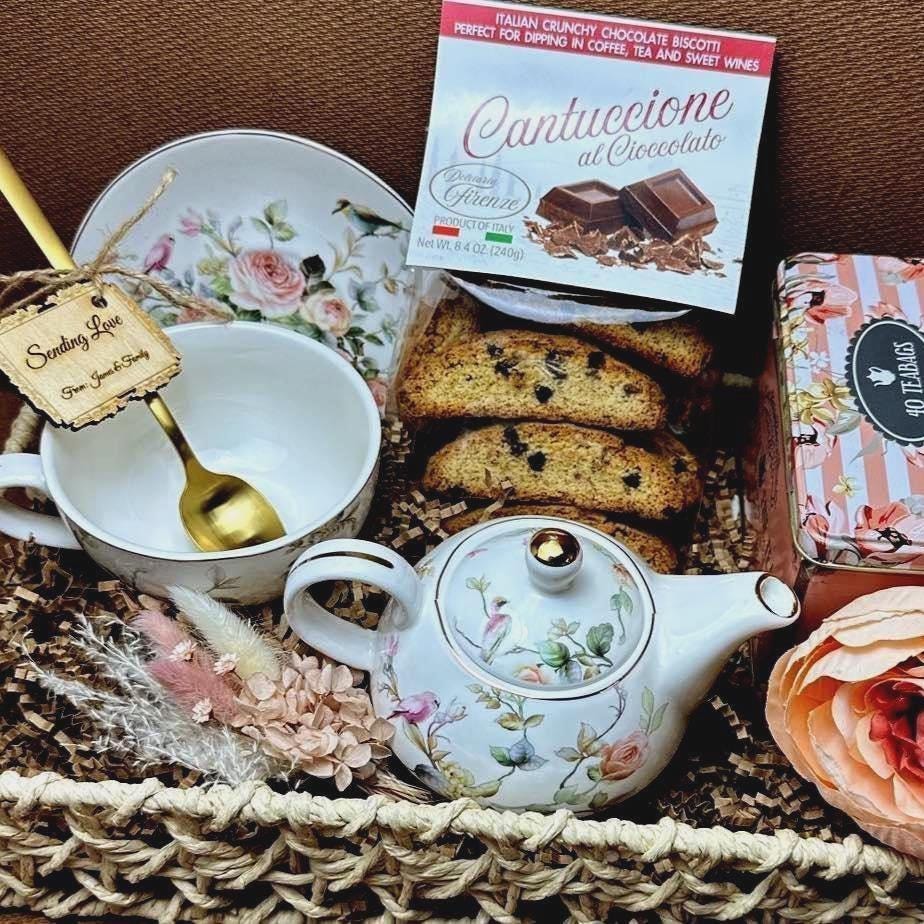 Floral Tea Gift Basket: Vintage Teapot Set, Biscotti & English Tea