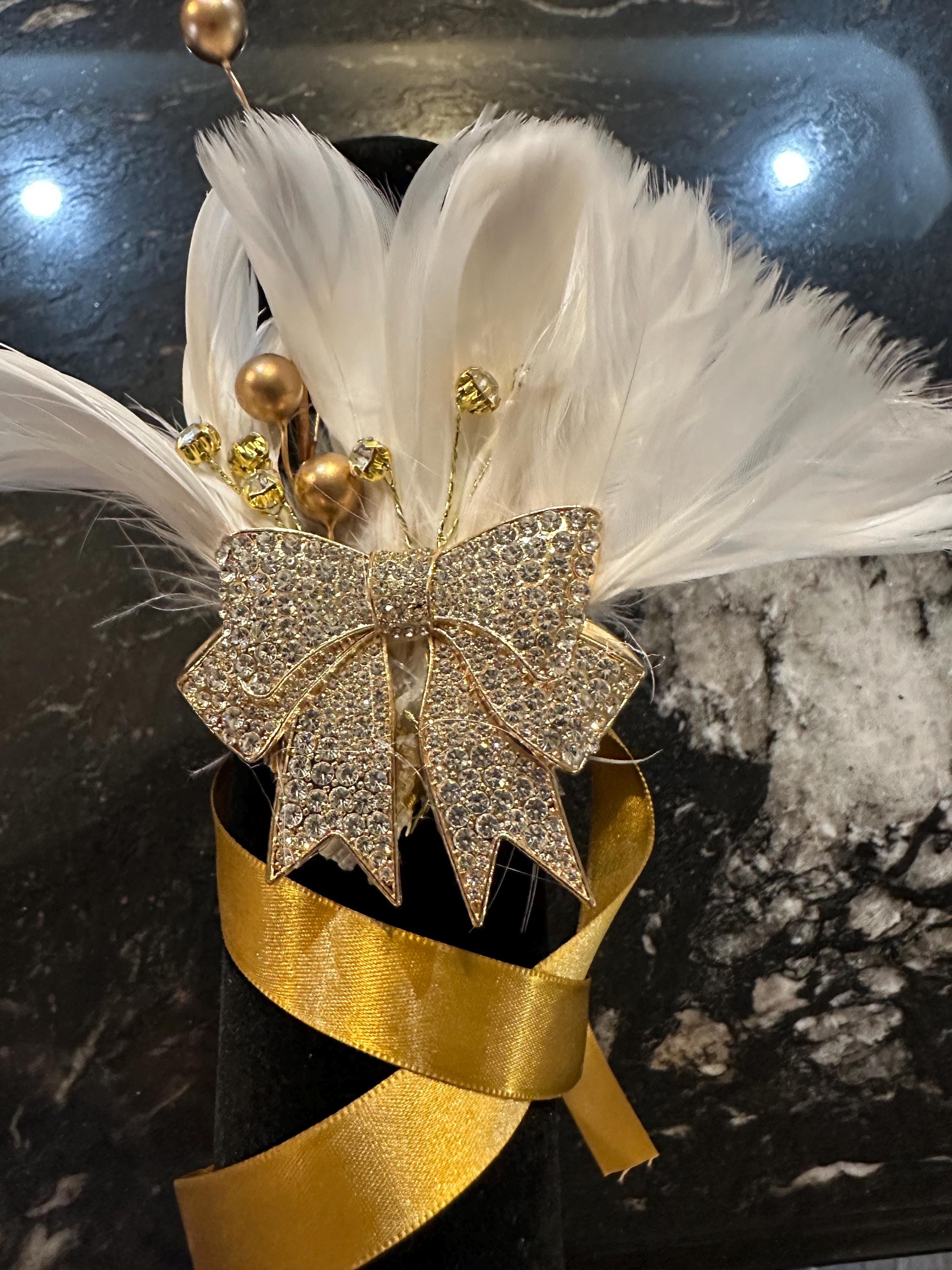 Elegant White Feather Corsage and Boutonniere Set - Gold, Pearl and Rhinestone Accents. Wedding, Prom, Formal Event Floral Accessories.