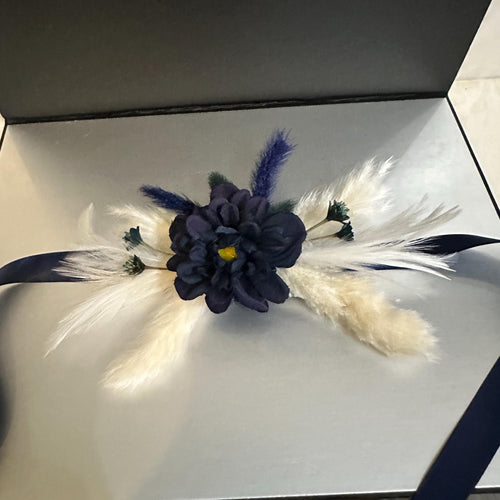 Elegant Navy Blue Boho Boutonniere with feathers, natural dried and silk flowers with matching corsage for women. Royal Blue Corsage, pin.