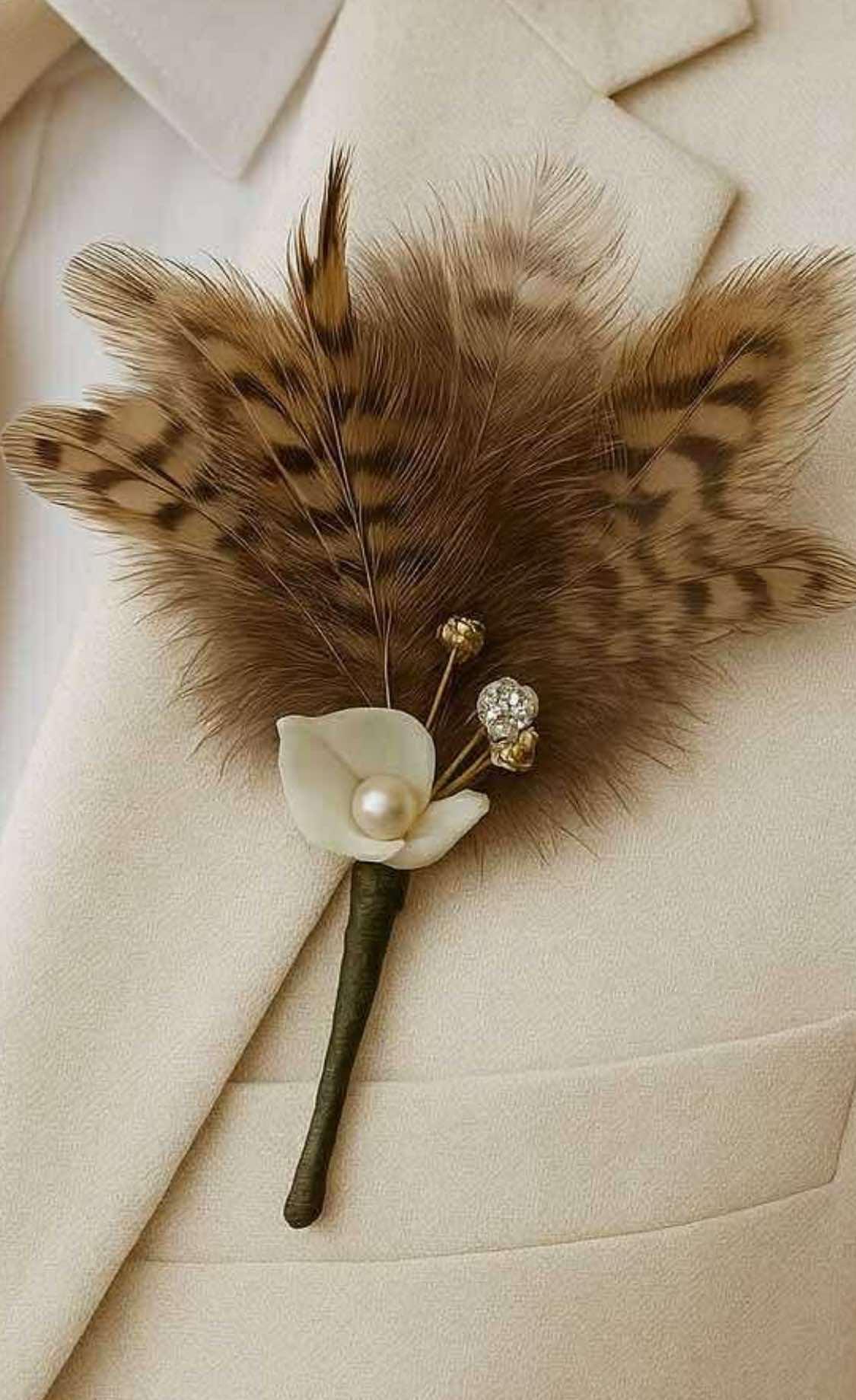Feather Boutonniere & Corsage set. Brown Feathers, Olive Green Ribbon, Pearl Flowers – Woodland Wedding Accessories. Groom pin . Nature love